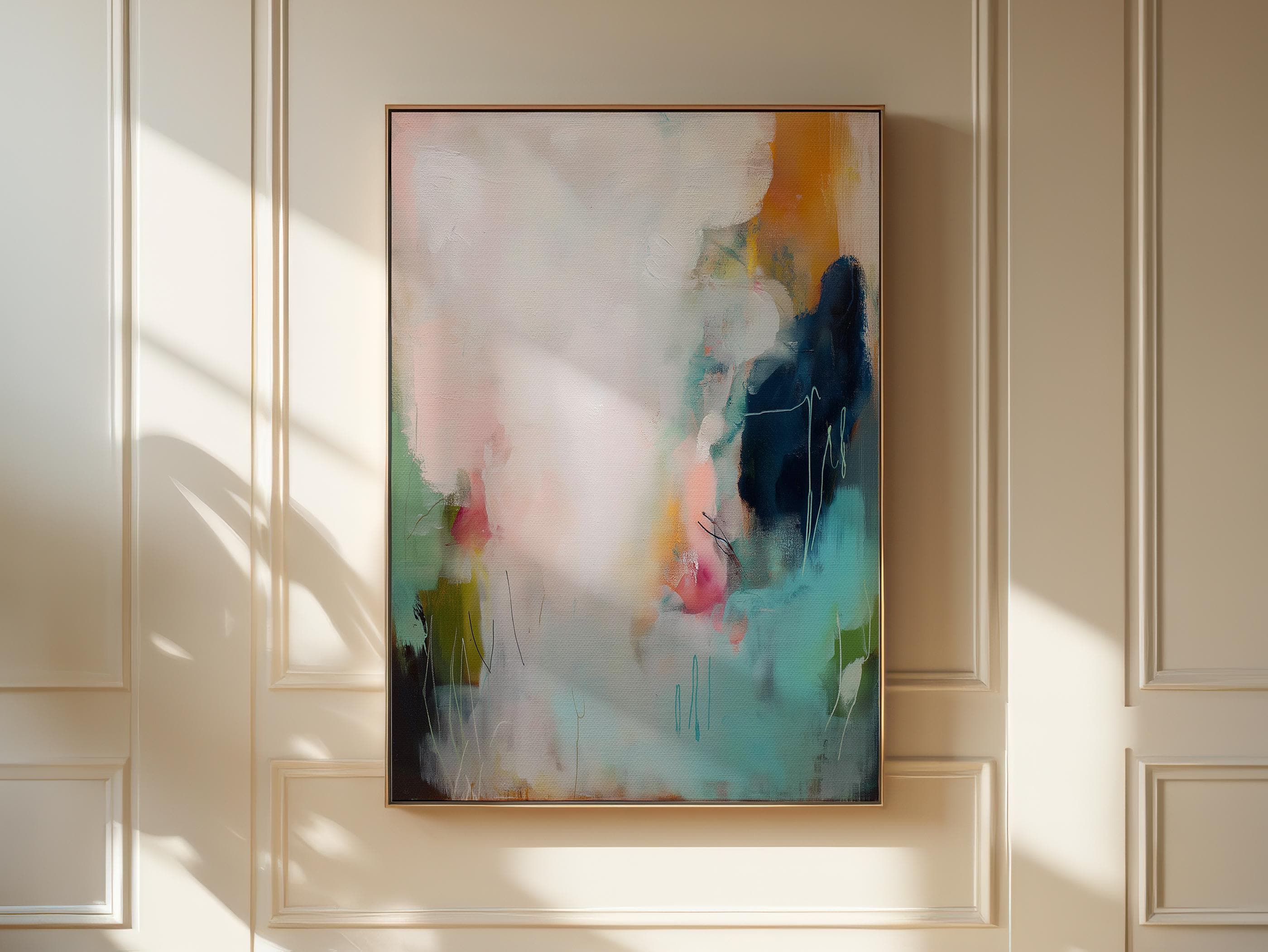 Framed canvas wall art abstract painting in teal blush navy large giclee print color pop soft contemporary decor for living room MUSE 429 Framed Canvas Art Colorful abstract wall art on framed canvas, perfect for bold decor art and modern wall decor. Large statement piece with expressive brushstrokes and rich textures. Ready-to-hang giclée canvas designed to energize living rooms, offices, bedrooms and curated interiors. Muse Studio Decor Art.