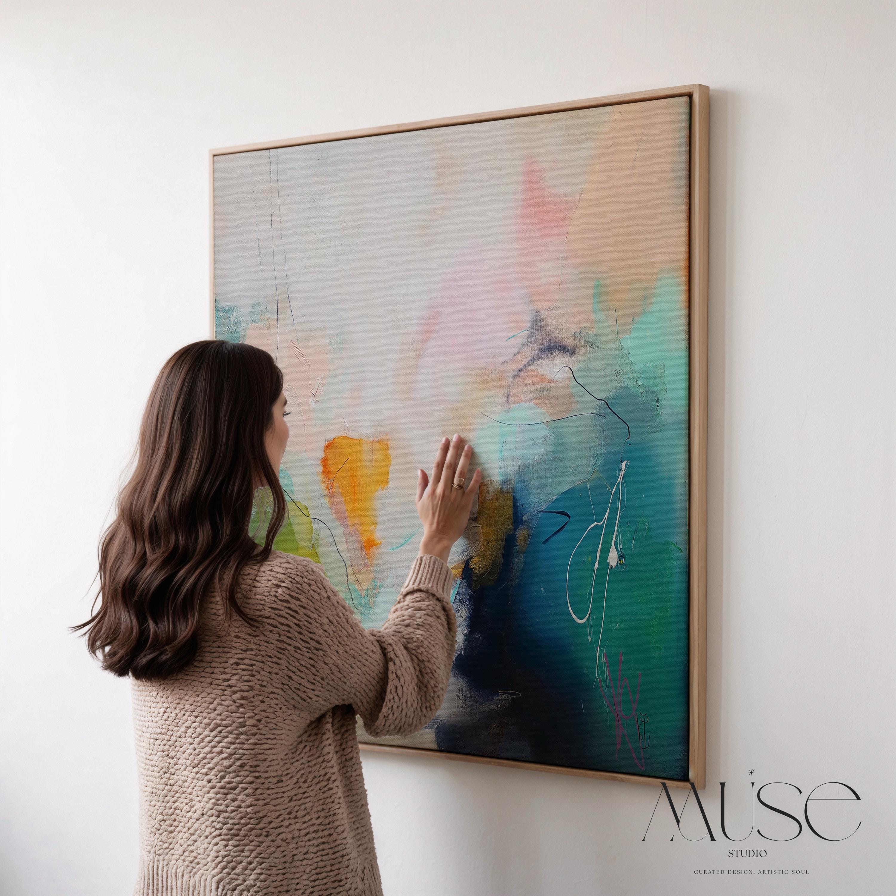 Framed canvas wall art square abstract painting in teal blush navy large giclee print color pop transitional decor for living room MUSE 449 Framed Canvas Art Colorful abstract wall art on framed canvas, perfect for bold decor art and modern wall decor. Large statement piece with expressive brushstrokes and rich textures. Ready-to-hang giclée canvas designed to energize living rooms, offices, bedrooms and curated interiors. Muse Studio Decor Art.