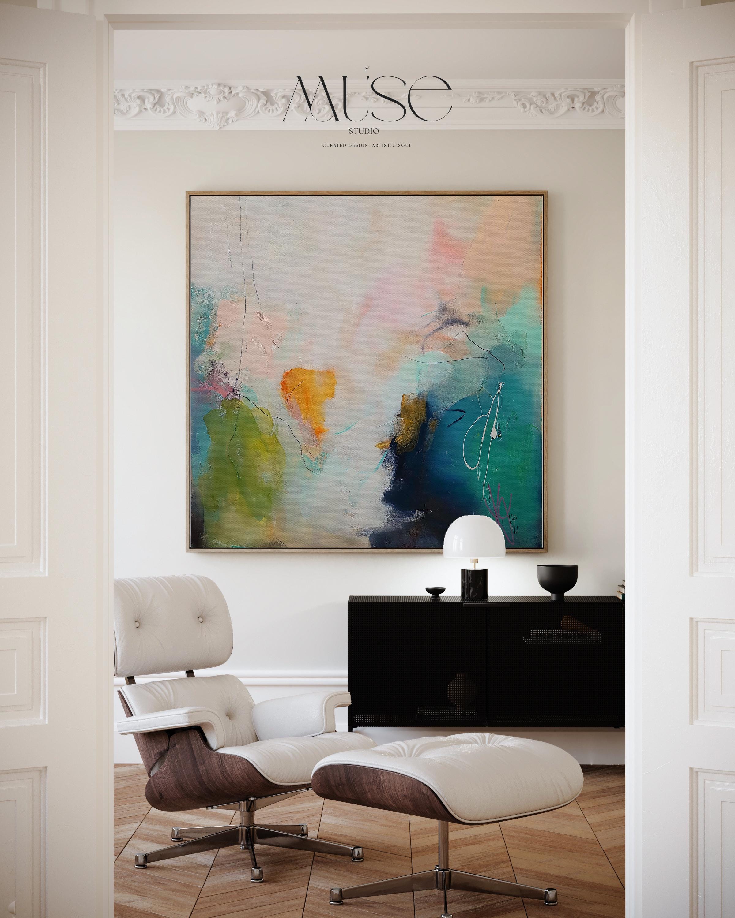 Framed canvas wall art square abstract painting in teal blush navy large giclee print color pop transitional decor for living room MUSE 449  Room Staging Colorful abstract wall decor styled in a modern neutral home. Large statement wall art displayed in living room, bedroom, or office spaces. Vibrant canvas or giclée decor art adds bold visual impact to contemporary interiors, ideal for home staging, office design, and curated spaces. Muse Studio Decor Art.