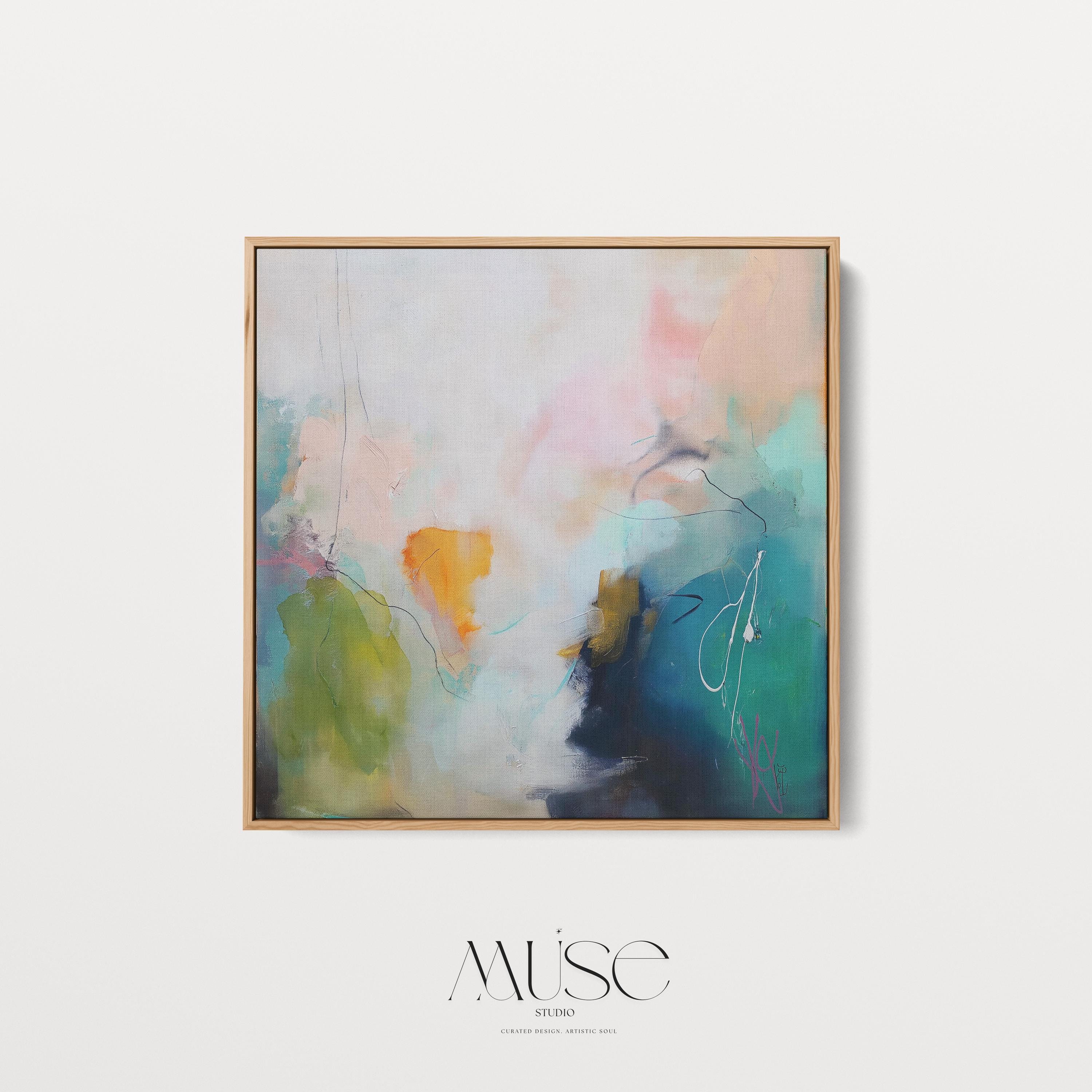 Framed canvas wall art square abstract painting in teal blush navy large giclee print color pop transitional decor for living room MUSE 449 Framed Canvas Art Colorful abstract wall art on framed canvas, perfect for bold decor art and modern wall decor. Large statement piece with expressive brushstrokes and rich textures. Ready-to-hang giclée canvas designed to energize living rooms, offices, bedrooms and curated interiors. Muse Studio Decor Art.