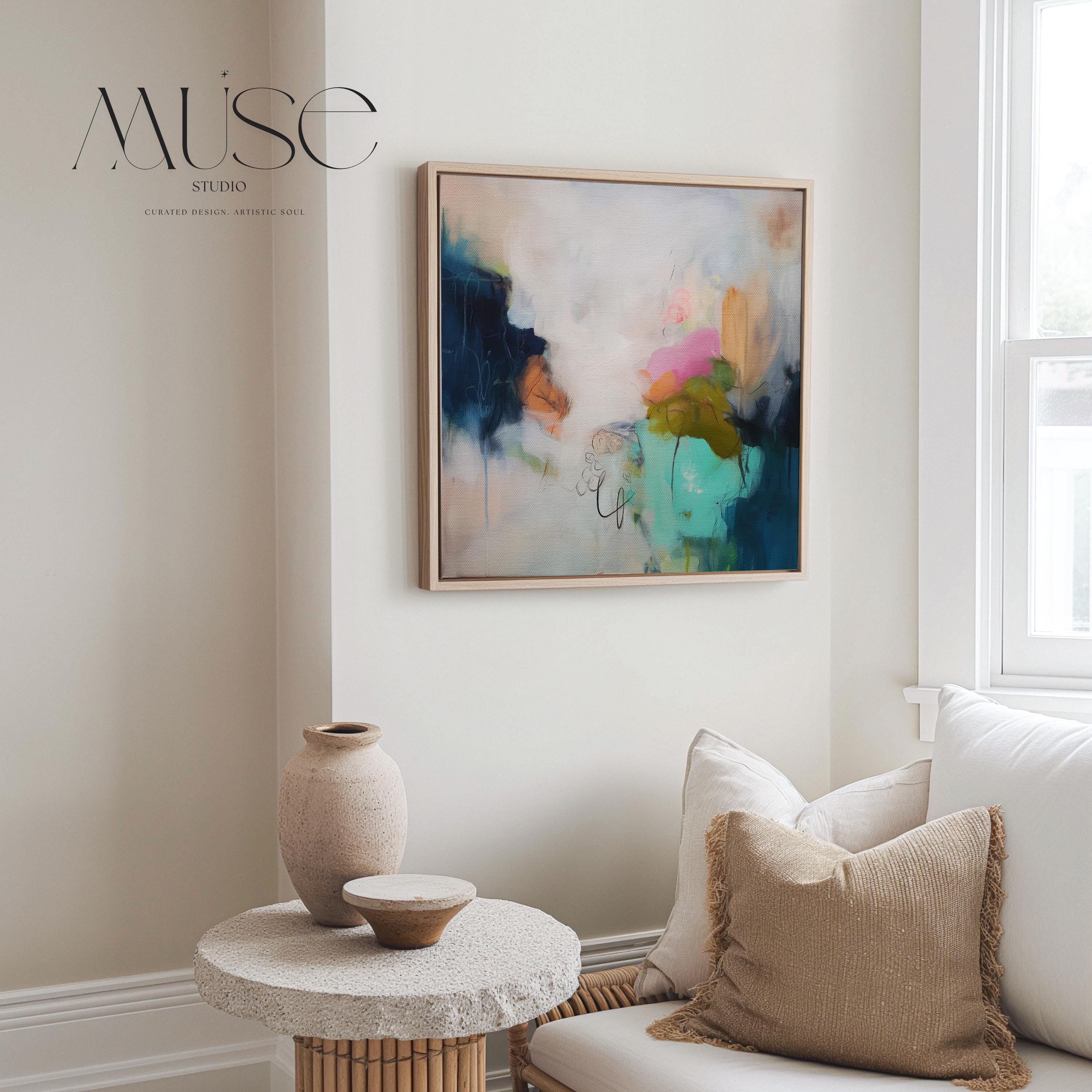Framed canvas wall art abstract painting in teal navy blush large giclee print color pop soft contemporary decor for dining room MUSE 451 Room Staging Colorful abstract wall decor styled in a modern neutral home. Large statement wall art displayed in living room, bedroom, or office spaces. Vibrant canvas or giclée decor art adds bold visual impact to contemporary interiors, ideal for home staging, office design, and curated spaces. Muse Studio Decor Art.