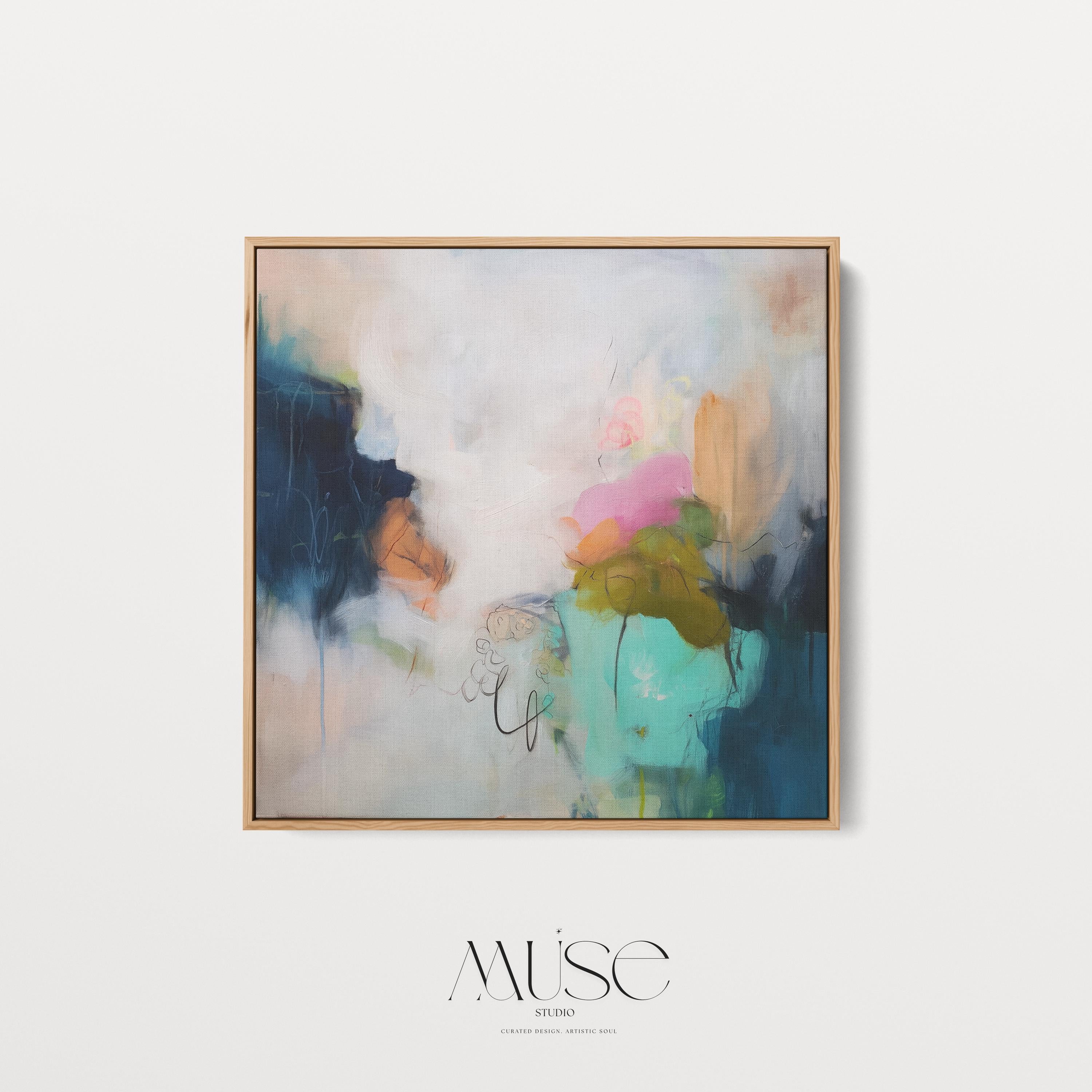 Framed canvas wall art abstract painting in teal navy blush large giclee print color pop soft contemporary decor for dining room MUSE 451
