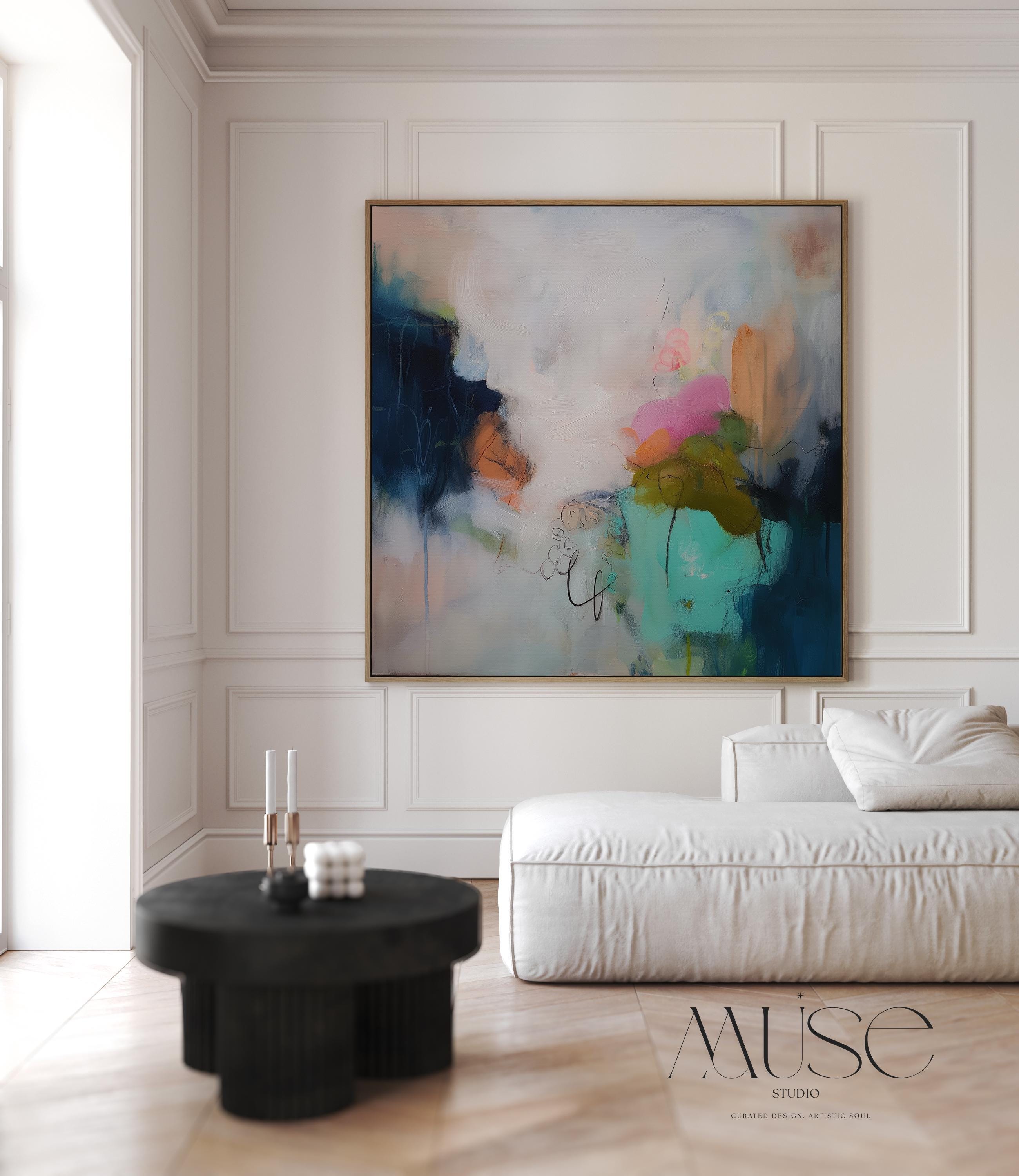 Framed canvas wall art abstract painting in teal navy blush large giclee print color pop soft contemporary decor for dining room MUSE 451 Room Staging Colorful abstract wall decor styled in a modern neutral home. Large statement wall art displayed in living room, bedroom, or office spaces. Vibrant canvas or giclée decor art adds bold visual impact to contemporary interiors, ideal for home staging, office design, and curated spaces. Muse Studio Decor Art.