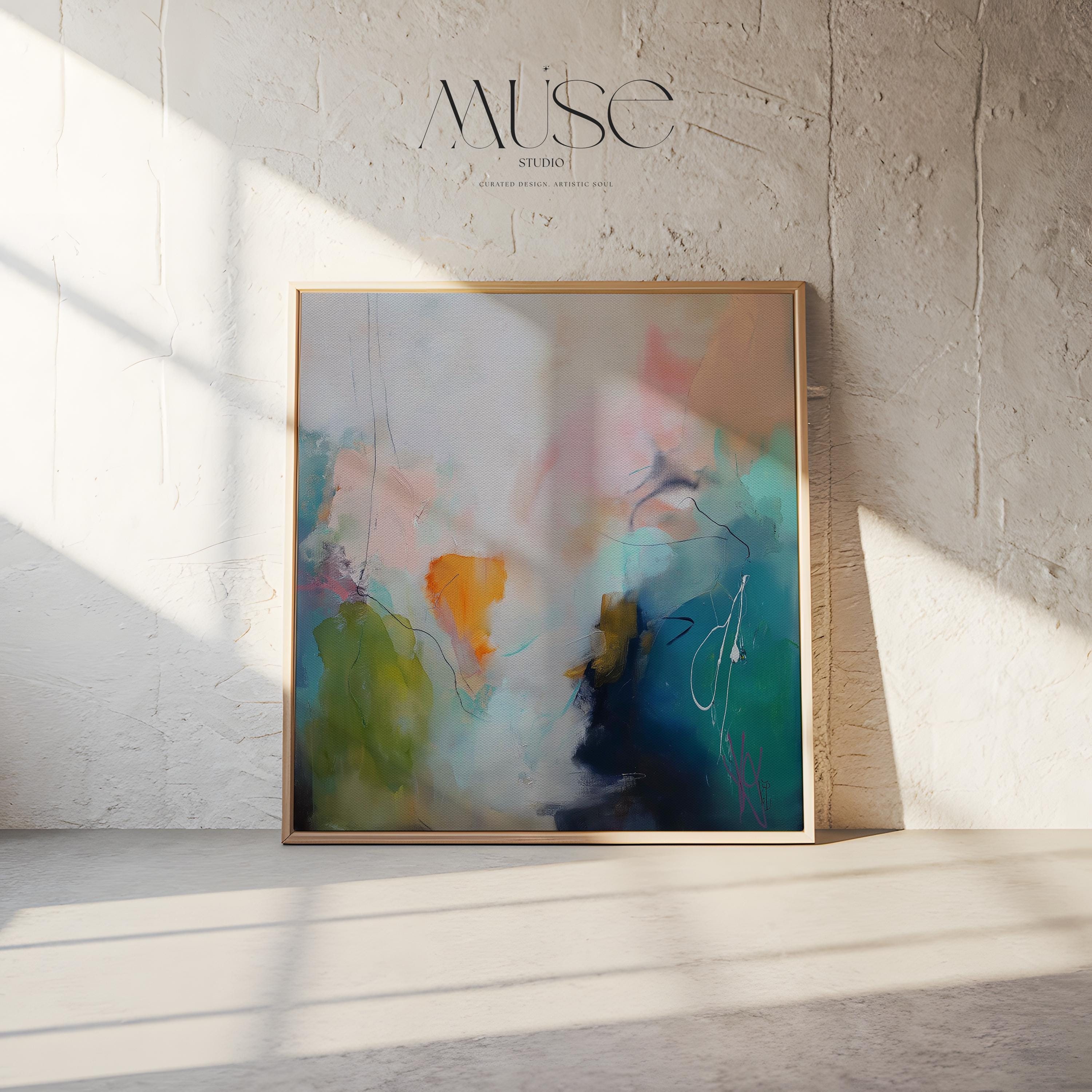 Framed canvas wall art square abstract painting in teal blush navy large giclee print color pop transitional decor for living room MUSE 449 Framed Canvas Art Colorful abstract wall art on framed canvas, perfect for bold decor art and modern wall decor. Large statement piece with expressive brushstrokes and rich textures. Ready-to-hang giclée canvas designed to energize living rooms, offices, bedrooms and curated interiors. Muse Studio Decor Art.