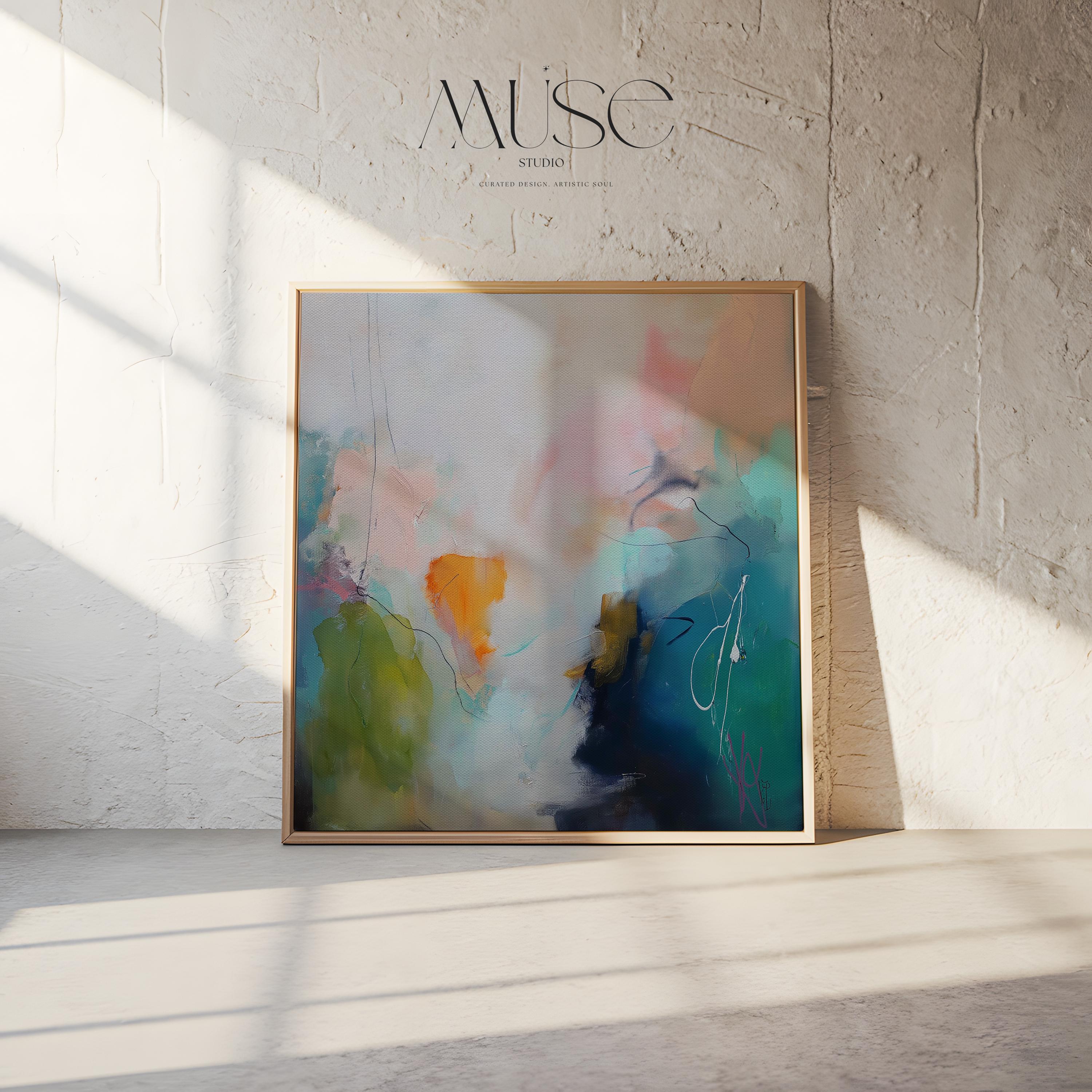 Framed canvas wall art square abstract painting in teal blush navy large giclee print color pop transitional decor for living room MUSE 449 Framed Canvas Art Colorful abstract wall art on framed canvas, perfect for bold decor art and modern wall decor. Large statement piece with expressive brushstrokes and rich textures. Ready-to-hang giclée canvas designed to energize living rooms, offices, bedrooms and curated interiors. Muse Studio Decor Art.