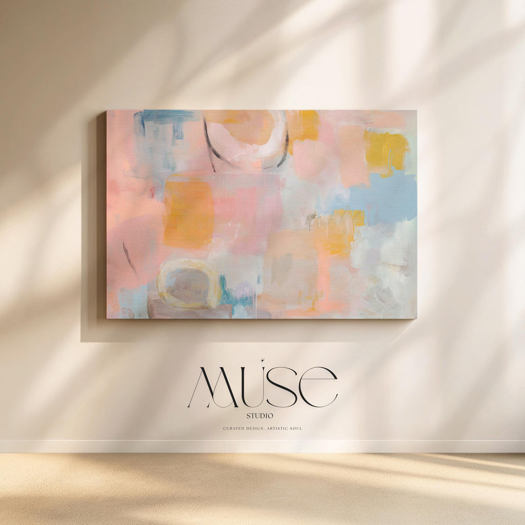 Oversized canvas wall art pastel abstract painting blush peach blue horizontal soft contemporary warm minimalism decor for bedroom MUSE 502