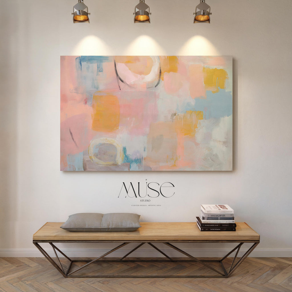 Oversized canvas wall art pastel abstract painting blush peach blue horizontal soft contemporary warm minimalism decor for bedroom MUSE 502