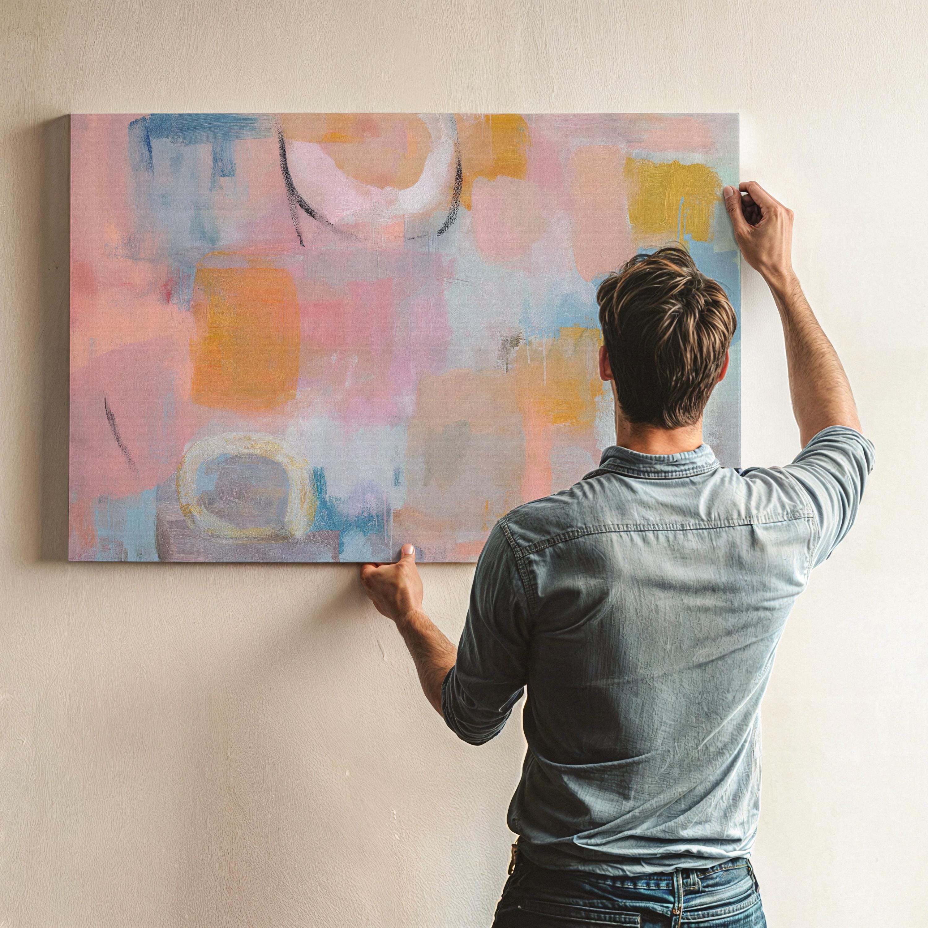 Oversized canvas wall art pastel abstract painting blush peach blue horizontal soft contemporary warm minimalism decor for bedroom MUSE 502