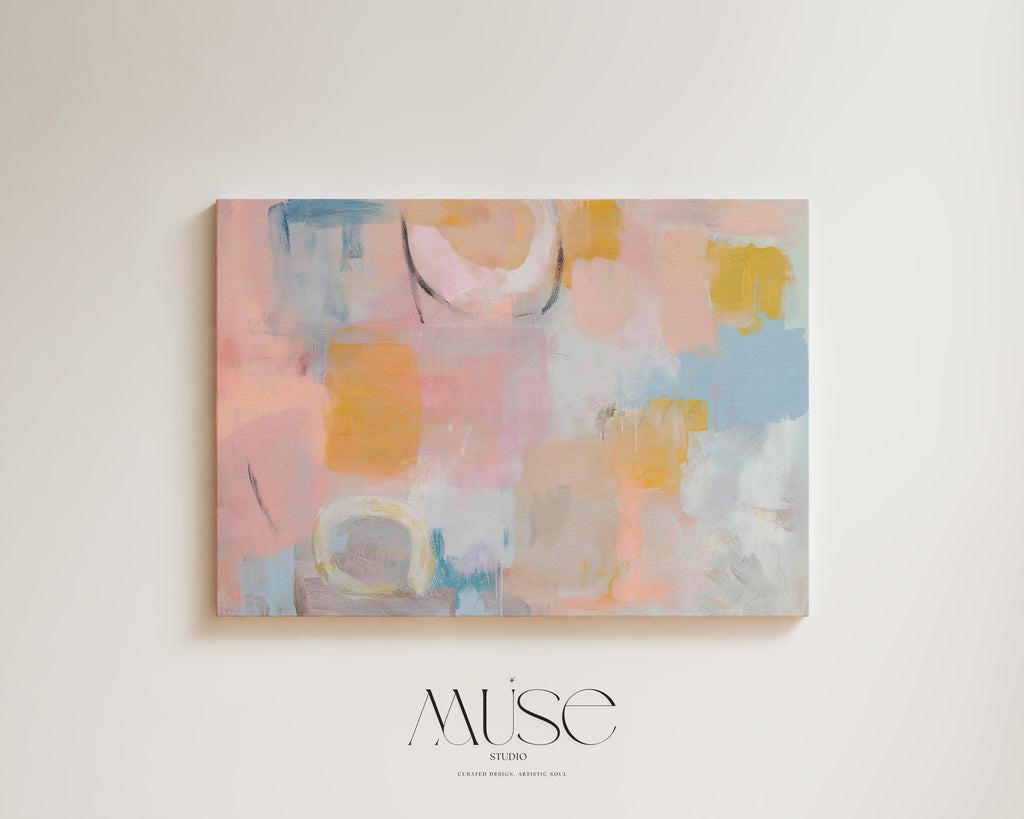 Oversized canvas wall art pastel abstract painting blush peach blue horizontal soft contemporary warm minimalism decor for bedroom MUSE 502
