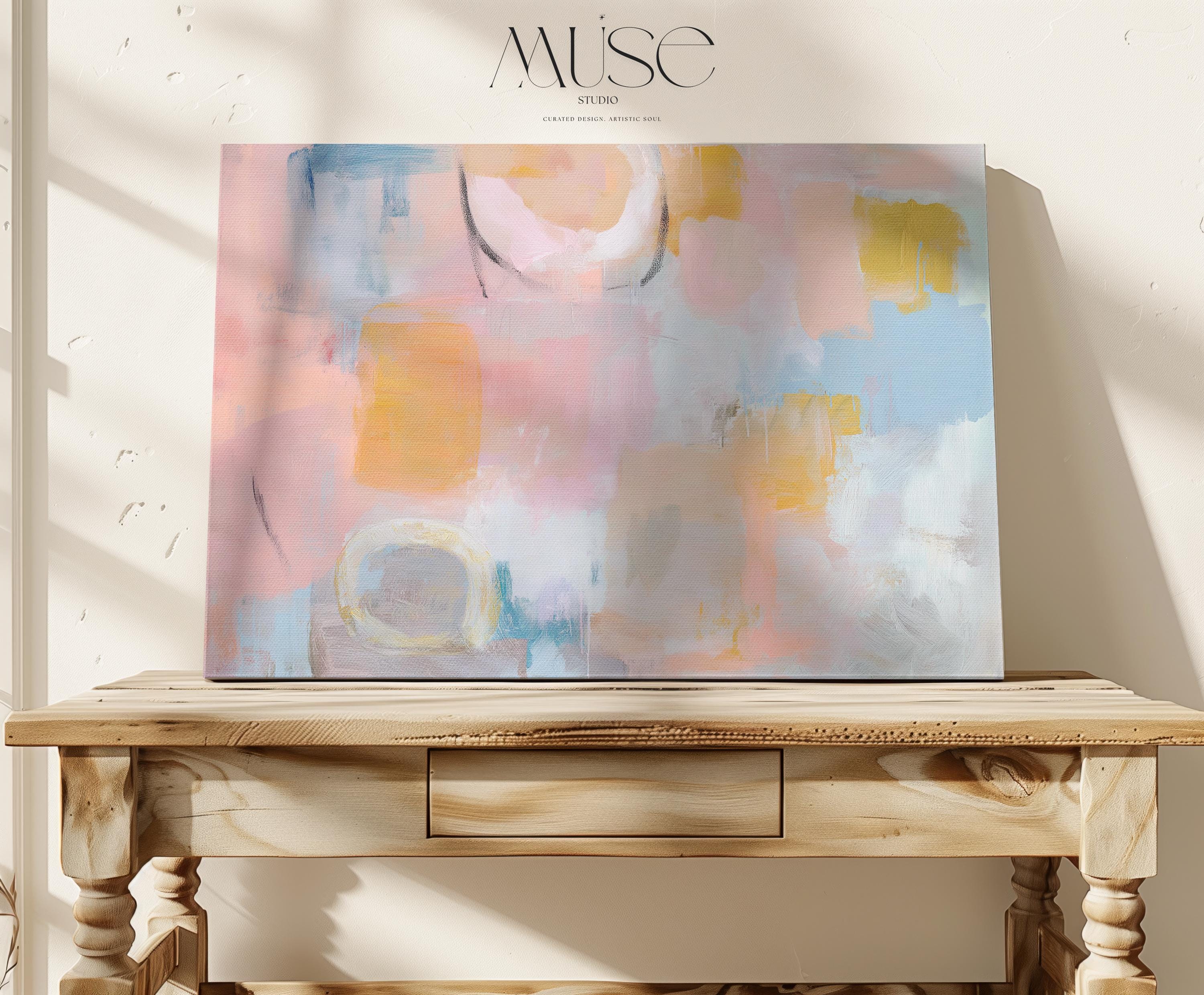 Oversized canvas wall art pastel abstract painting blush peach blue horizontal soft contemporary warm minimalism decor for bedroom MUSE 502