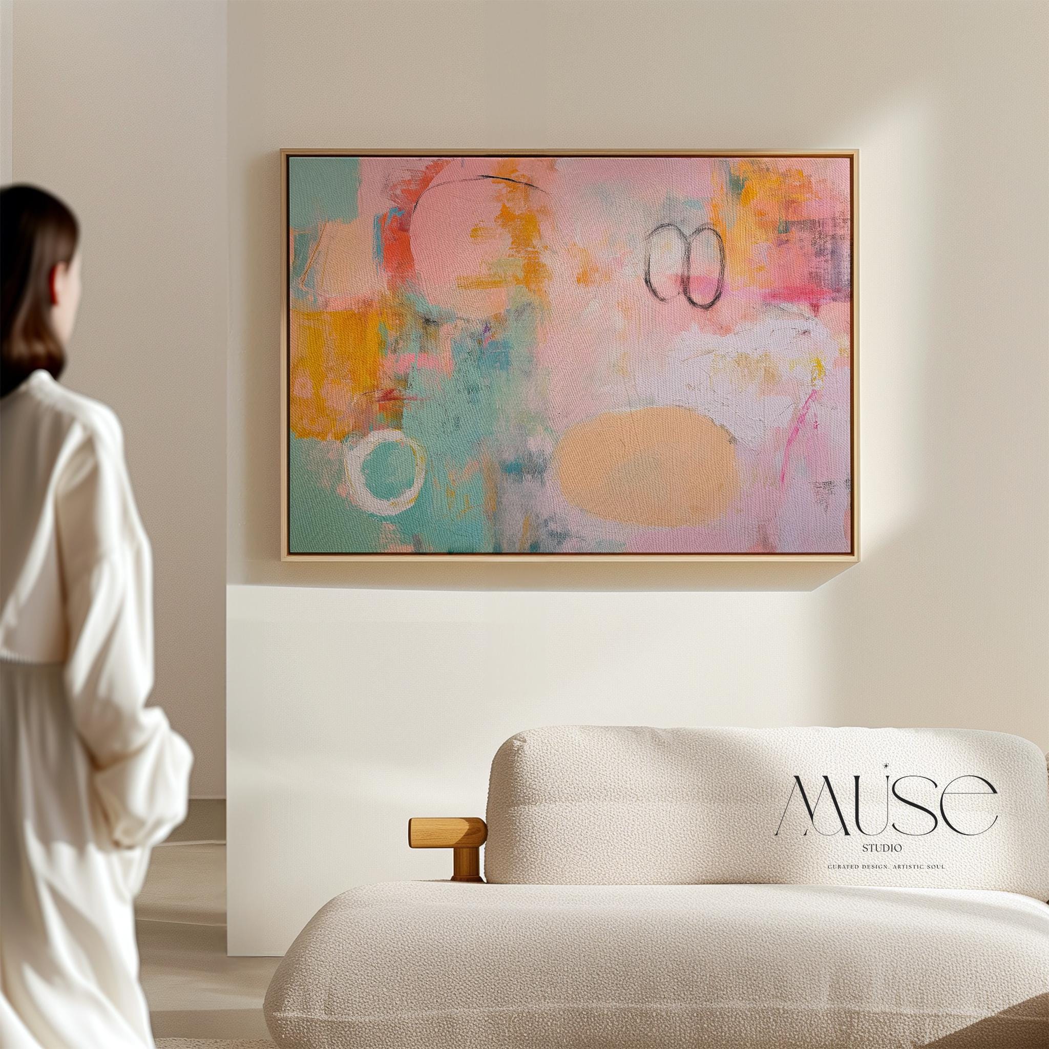 Oversized Framed canvas wall art abstract painting in pink teal orange large horizontal pop eclectic decor for living room office MUSE 503