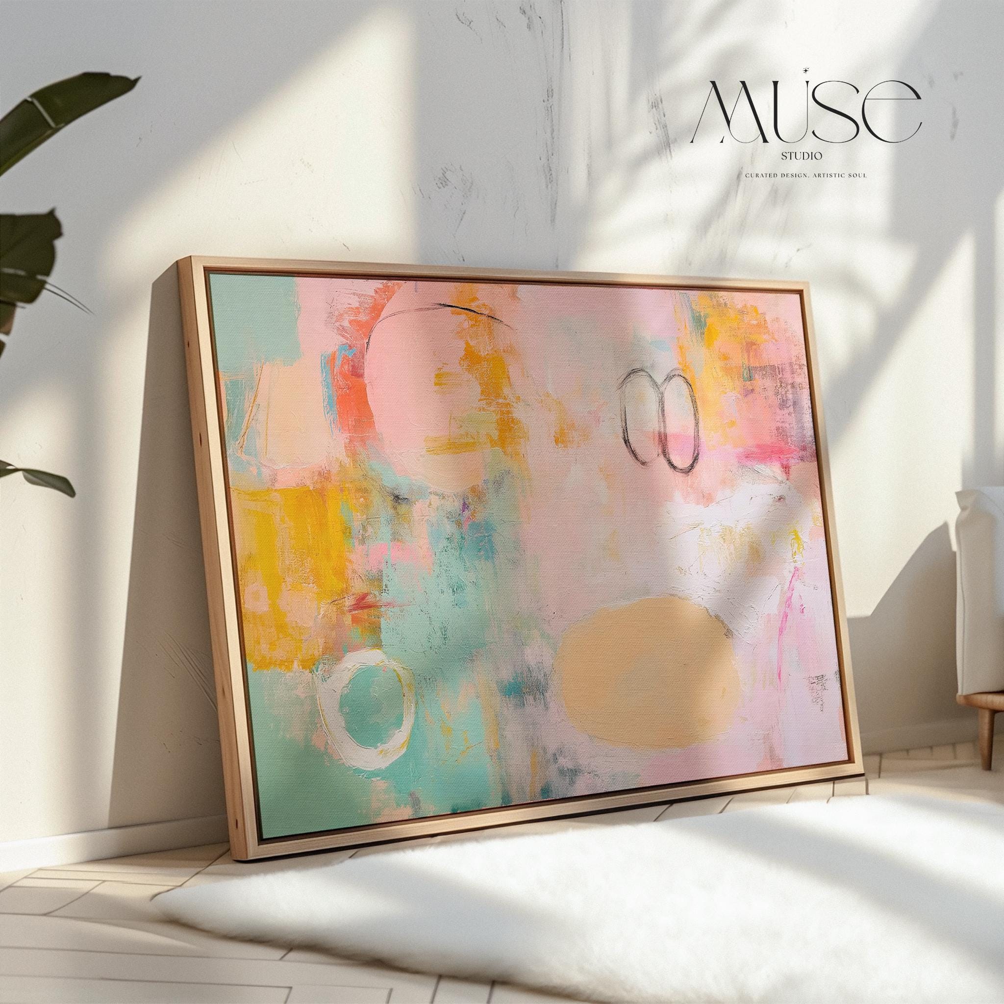 Oversized Framed canvas wall art abstract painting in pink teal orange large horizontal pop eclectic decor for living room office MUSE 503