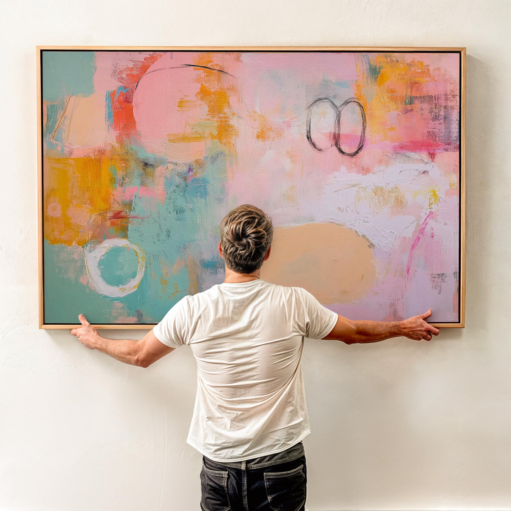 Oversized Framed canvas wall art abstract painting in pink teal orange large horizontal pop eclectic decor for living room office MUSE 503