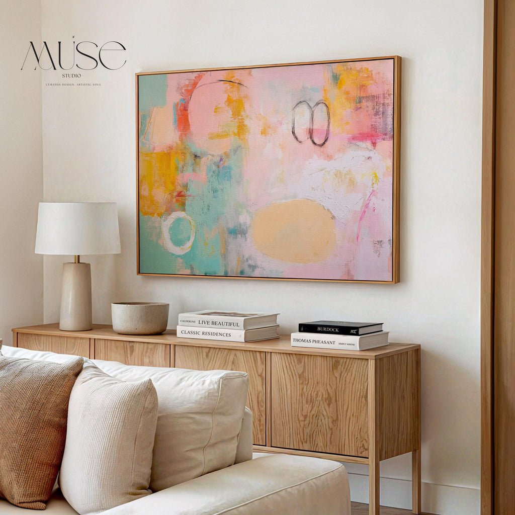 Oversized Framed canvas wall art abstract painting in pink teal orange large horizontal pop eclectic decor for living room office MUSE 503
