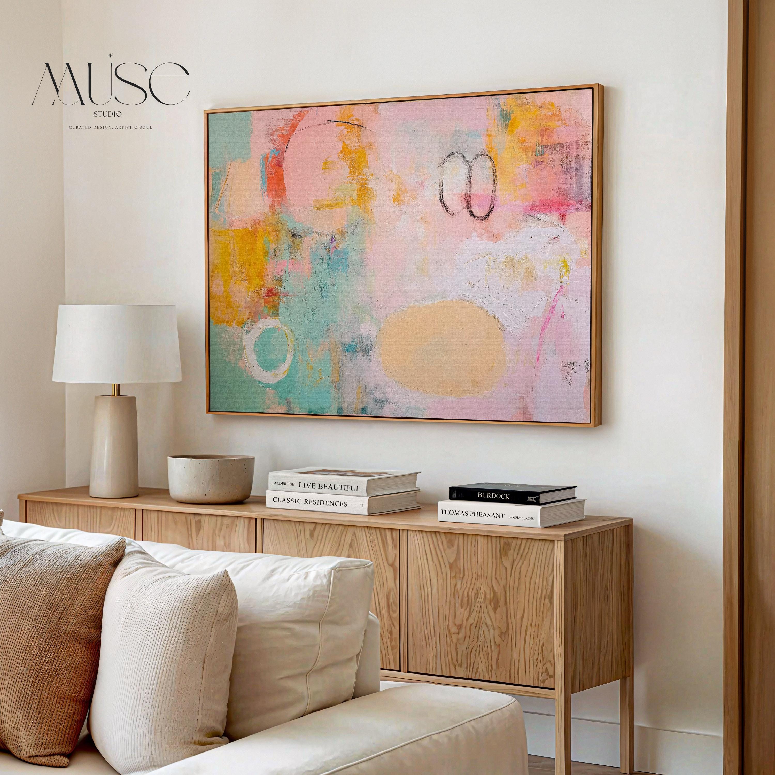 Oversized Framed canvas wall art abstract painting in pink teal orange large horizontal pop eclectic decor for living room office MUSE 503