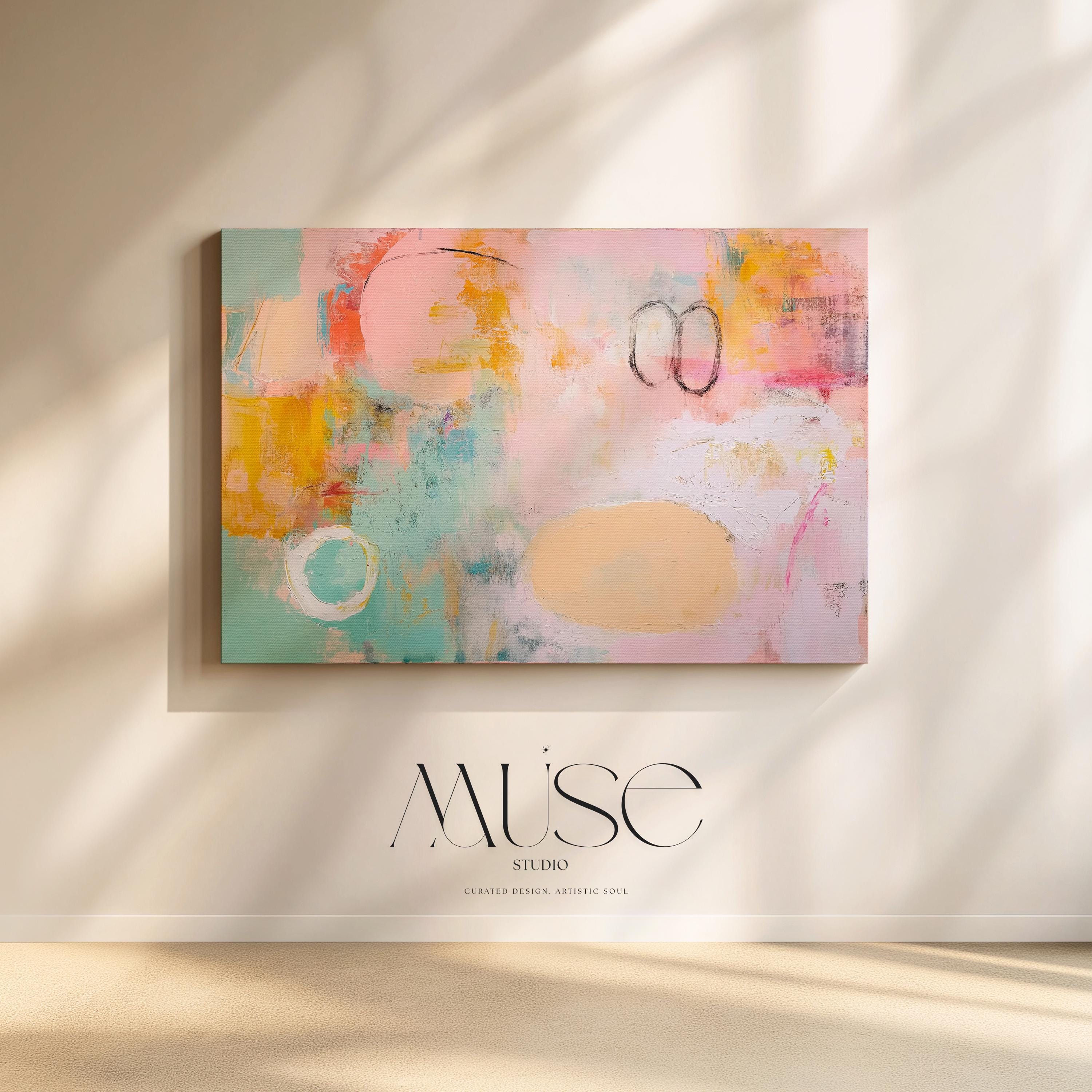 Oversized canvas wall art abstract painting in pink teal orange horizontal soft contemporary decor for living room or office MUSE 503 Stretched Canvas Art Large abstract wall decor on stretched canvas, gallery-wrapped and ready to hang. Perfect for colorful wall art in living rooms, office spaces, and design projects. Giclée canvas print with bold brushwork and vibrant modern style for impactful home decor. Muse Studio Decor Art.