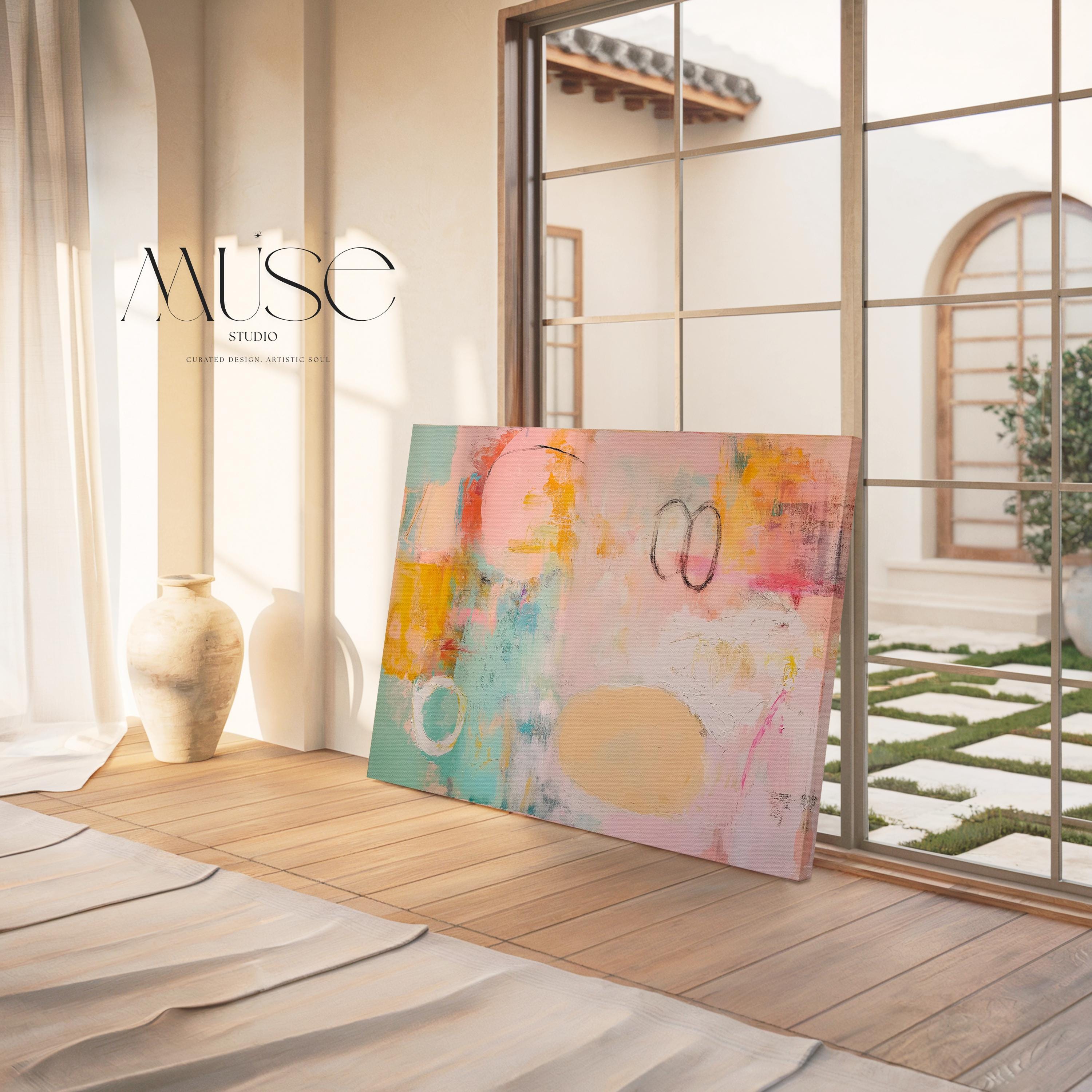 Oversized canvas wall art abstract painting in pink teal orange horizontal soft contemporary decor for living room or office MUSE 503 Stretched Canvas Art Large abstract wall decor on stretched canvas, gallery-wrapped and ready to hang. Perfect for colorful wall art in living rooms, office spaces, and design projects. Giclée canvas print with bold brushwork and vibrant modern style for impactful home decor. Muse Studio Decor Art.