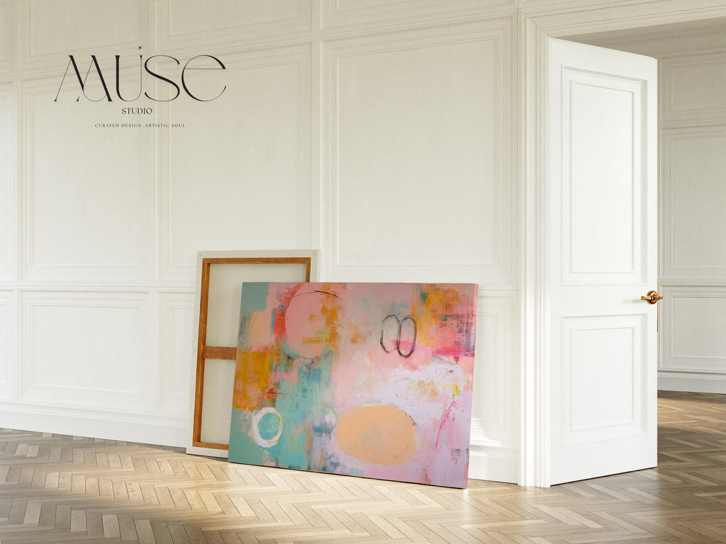 Oversized canvas wall art abstract painting in pink teal orange horizontal soft contemporary decor for living room or office MUSE 503 Stretched Canvas Art Large abstract wall decor on stretched canvas, gallery-wrapped and ready to hang. Perfect for colorful wall art in living rooms, office spaces, and design projects. Giclée canvas print with bold brushwork and vibrant modern style for impactful home decor. Muse Studio Decor Art.