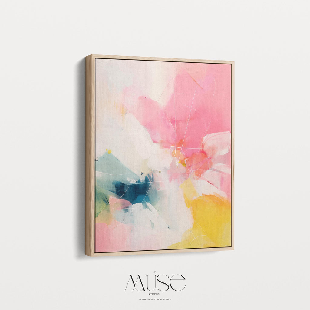 Framed canvas wall art abstract painting in pink yellow teal large vertical color pop preppy soft art decor for bedroom or hallway MUSE 505 Framed Canvas Art Colorful abstract wall art on framed canvas, perfect for bold decor art and modern wall decor. Large statement piece with expressive brushstrokes and rich textures. Ready-to-hang giclée canvas designed to energize living rooms, offices, bedrooms and curated interiors. Muse Studio Decor Art.