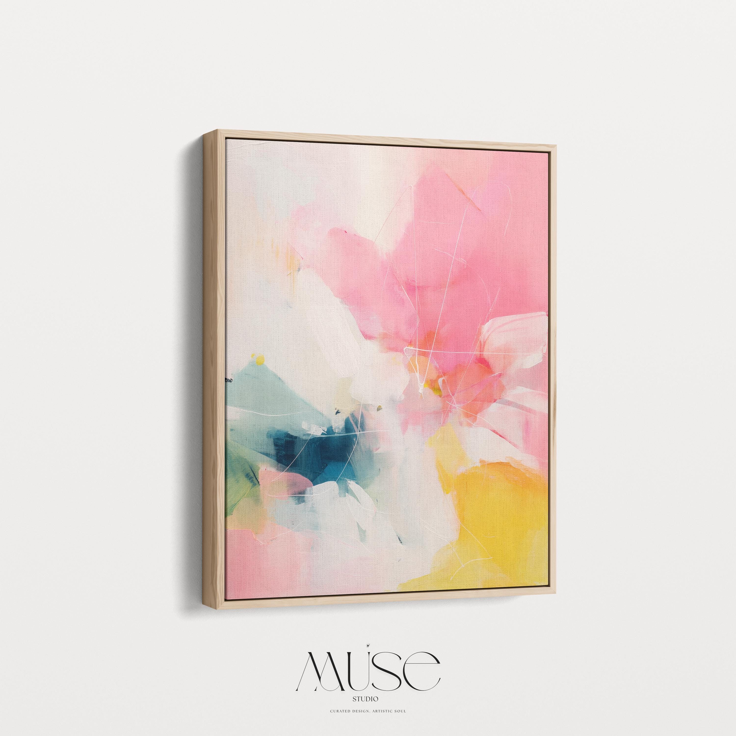 Framed canvas wall art abstract painting in pink yellow teal large vertical color pop preppy soft art decor for bedroom or hallway MUSE 505 Framed Canvas Art Colorful abstract wall art on framed canvas, perfect for bold decor art and modern wall decor. Large statement piece with expressive brushstrokes and rich textures. Ready-to-hang giclée canvas designed to energize living rooms, offices, bedrooms and curated interiors. Muse Studio Decor Art.