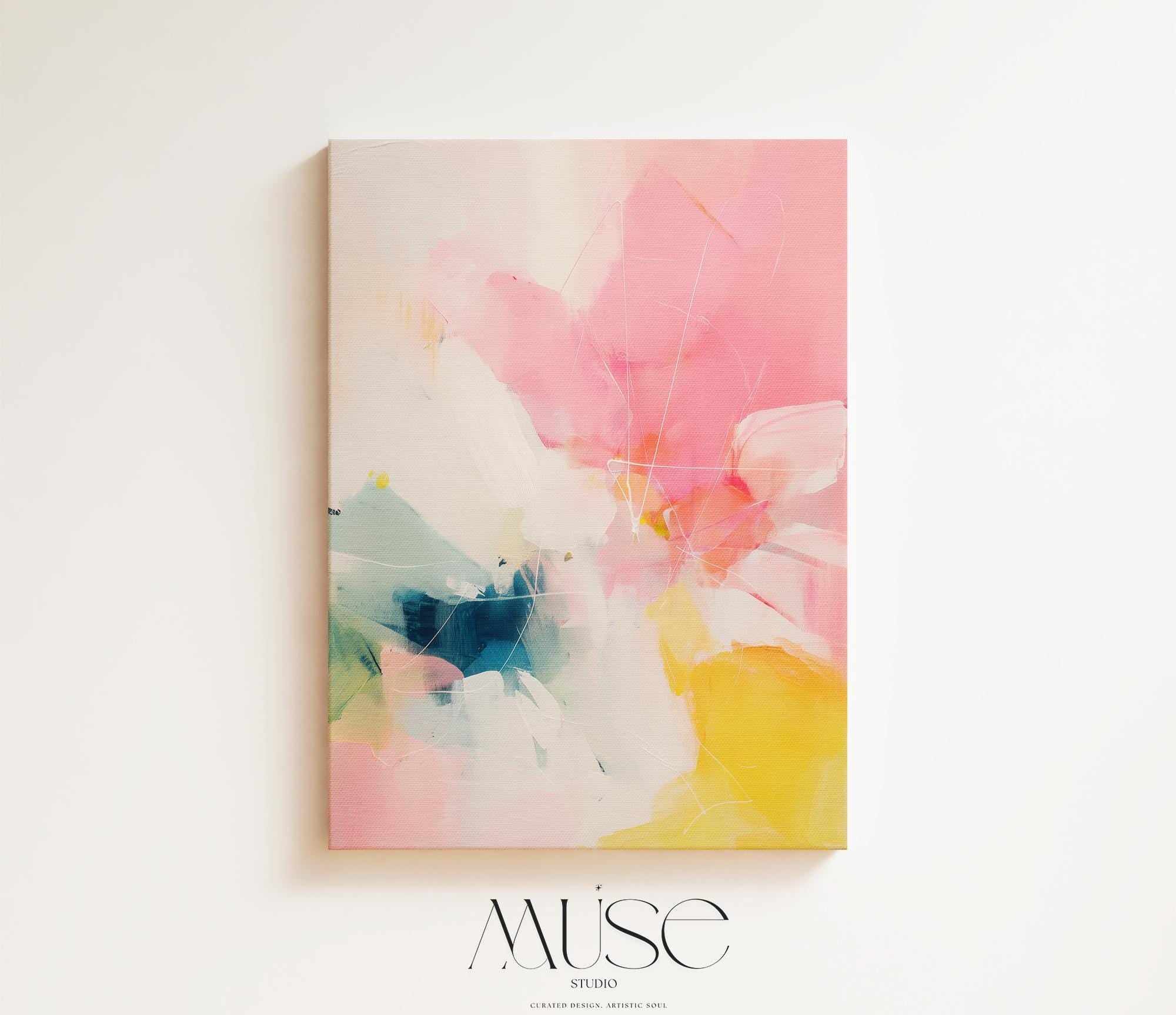 Vertical canvas wall art abstract painting in pink yellow teal oversized color pop preppy soft art decor for bedroom or hallway MUSE 505 Stretched Canvas Art Large abstract wall decor on stretched canvas, gallery-wrapped and ready to hang. Perfect for colorful wall art in living rooms, office spaces, and design projects. Giclée canvas print with bold brushwork and vibrant modern style for impactful home decor. Muse Studio Decor Art.