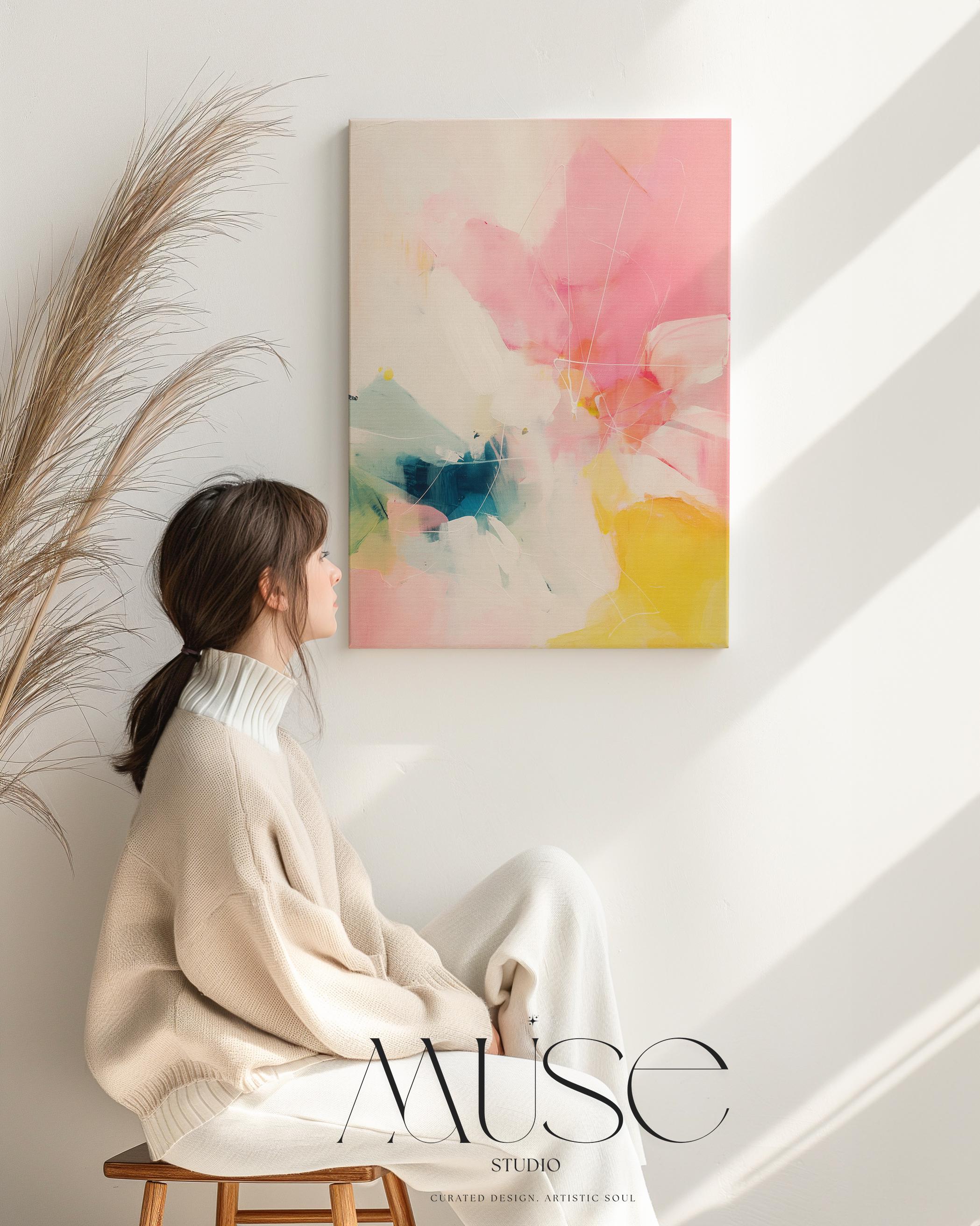 Vertical canvas wall art abstract painting in pink yellow teal oversized color pop preppy soft art decor for bedroom or hallway MUSE 505 Stretched Canvas Art Large abstract wall decor on stretched canvas, gallery-wrapped and ready to hang. Perfect for colorful wall art in living rooms, office spaces, and design projects. Giclée canvas print with bold brushwork and vibrant modern style for impactful home decor. Muse Studio Decor Art.