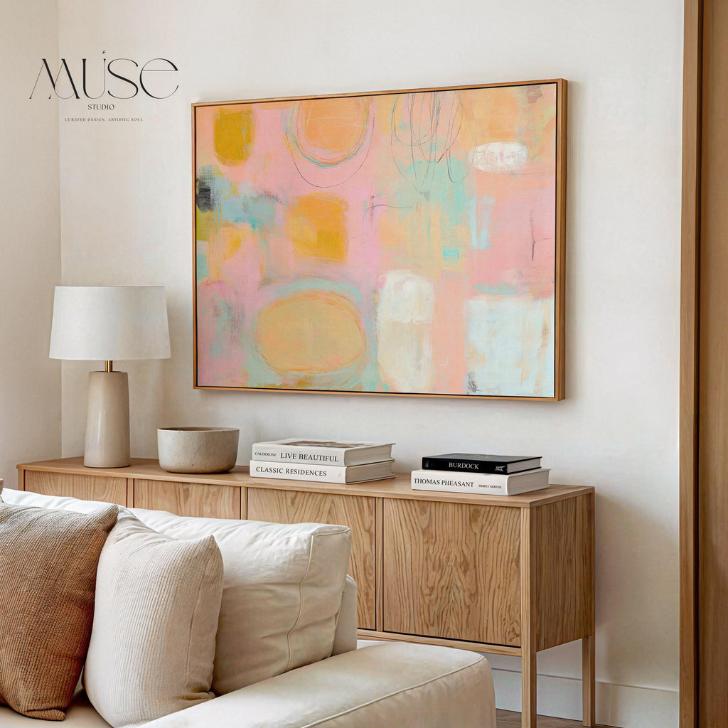 Framed canvas wall art abstract painting in peach blush aqua large pastel decor preppy soft art warm minimalism for bedroom living MUSE 504