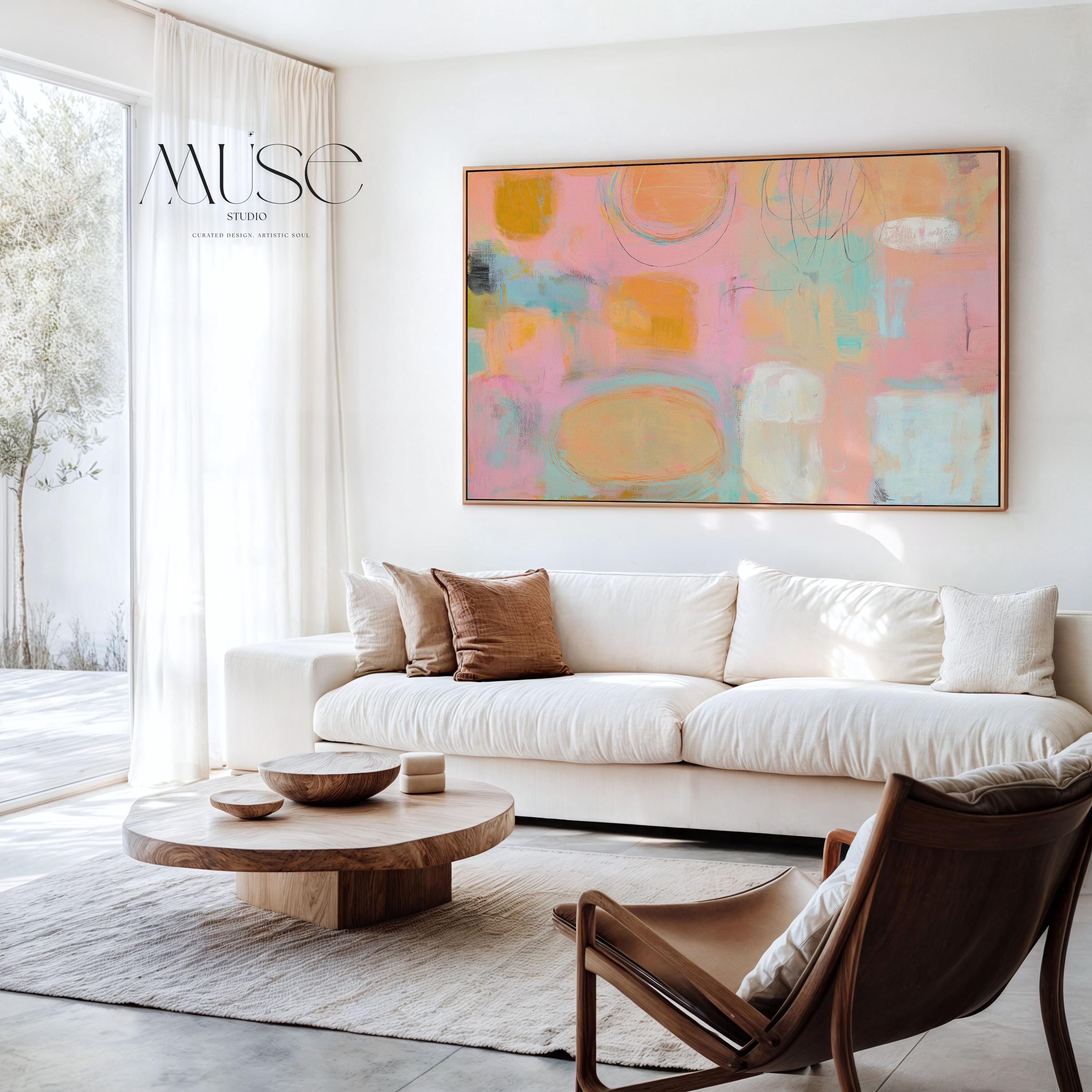 Framed canvas wall art abstract painting in peach blush aqua large pastel decor preppy soft art warm minimalism for bedroom living MUSE 504