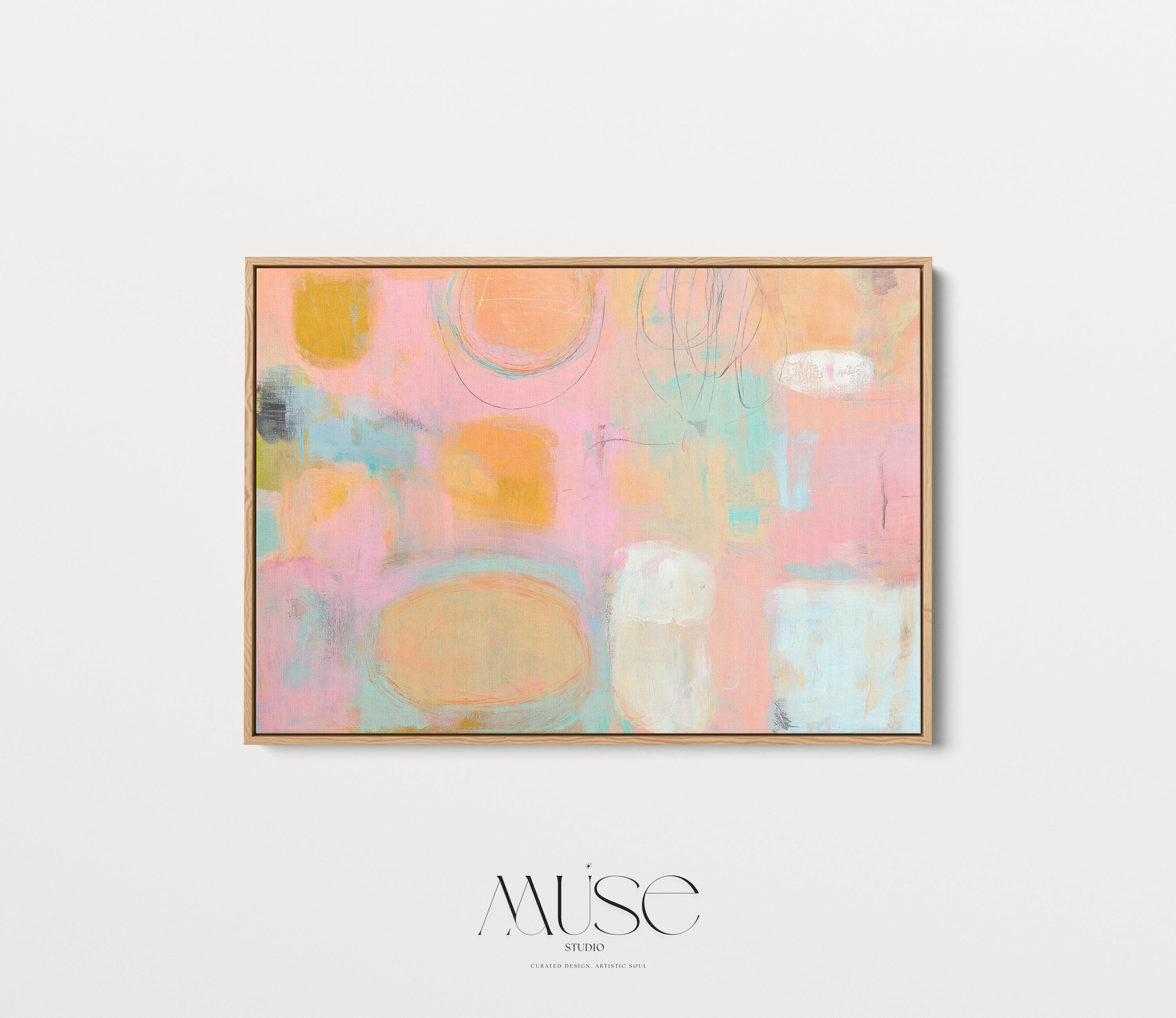 Framed canvas wall art abstract painting in peach blush aqua large pastel decor preppy soft art warm minimalism for bedroom living MUSE 504
