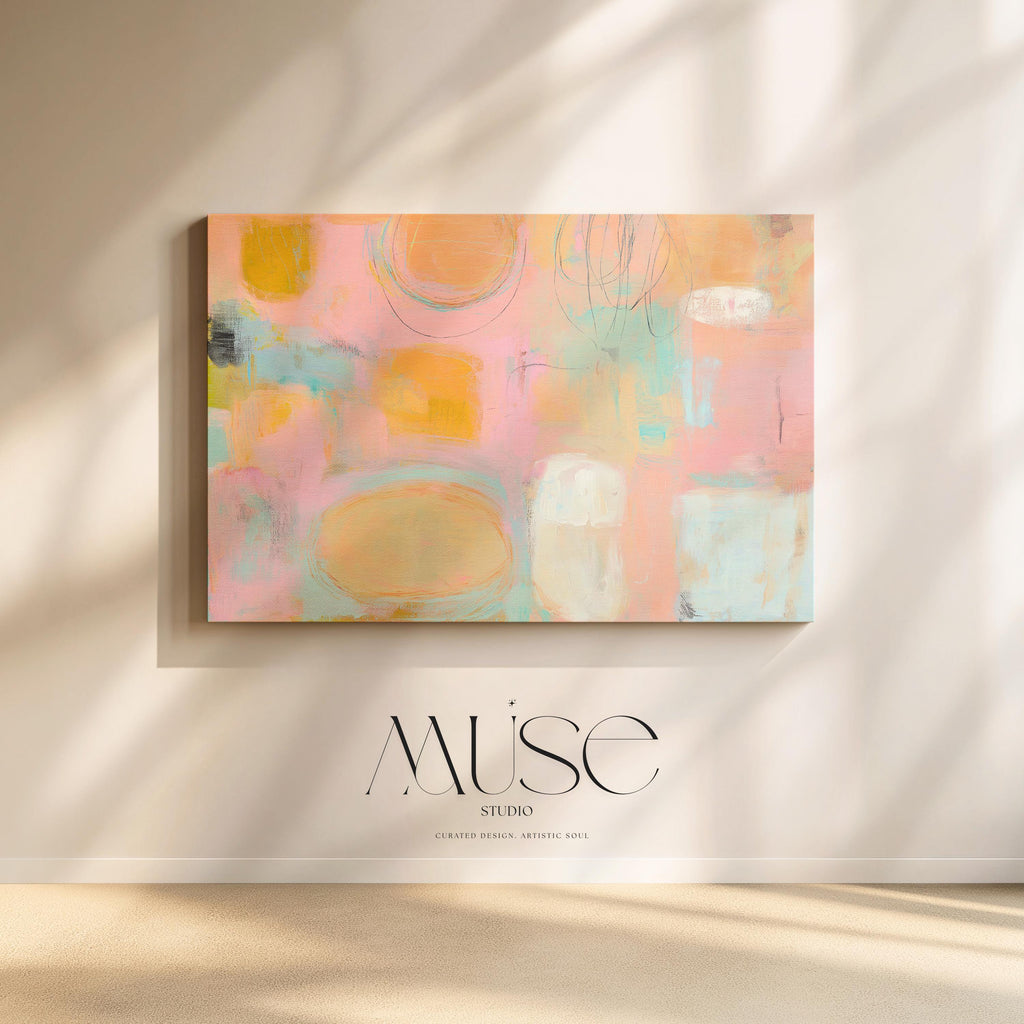 Horizontal pastel abstract wall art in soft peach, pink, and aqua tones with a warm minimal and preppy soft art style. Designed as oversized canvas wall art for bedrooms, living rooms, or serene interiors. Available as gallery-wrapped or framed canvas by Muse Studio.