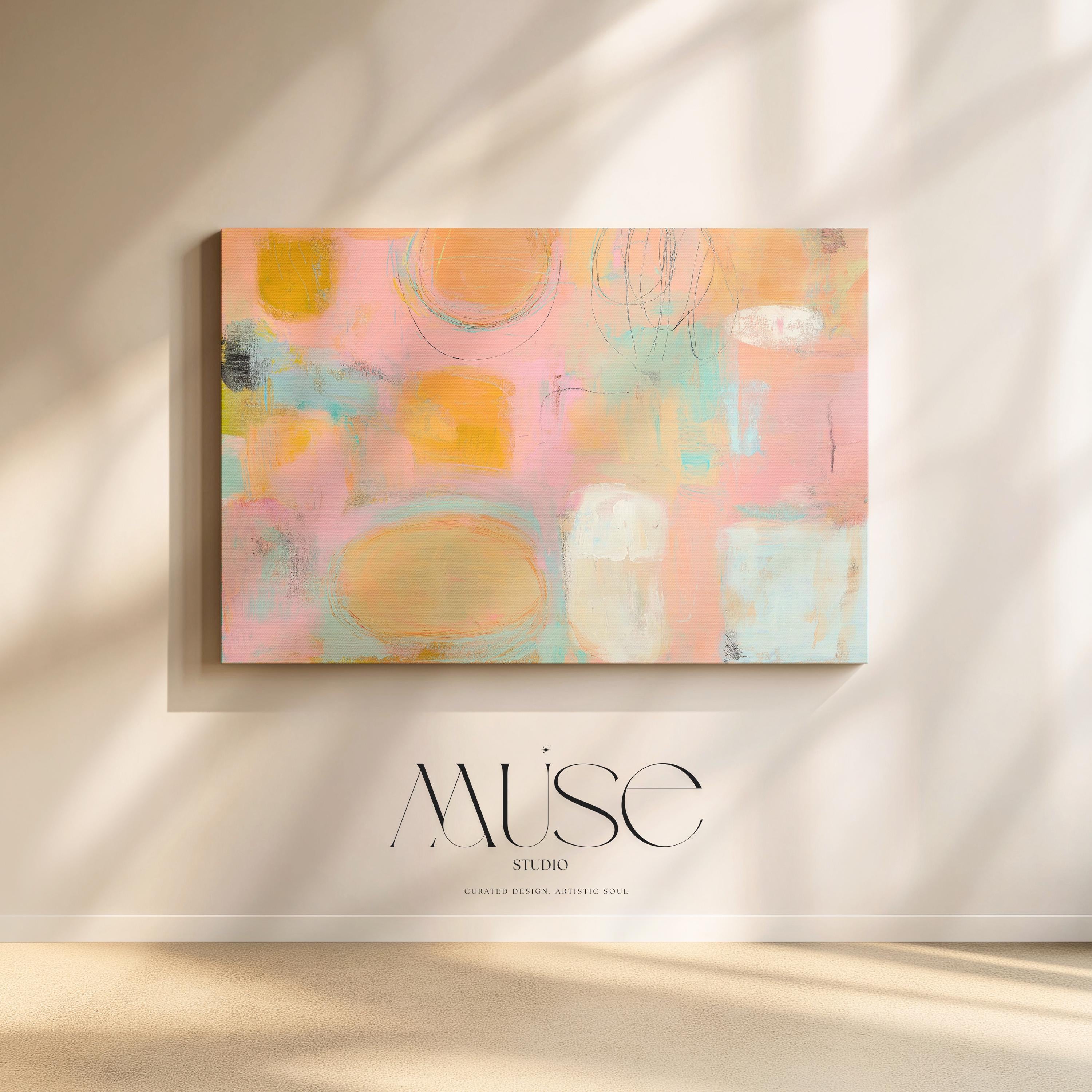 Horizontal pastel abstract wall art in soft peach, pink, and aqua tones with a warm minimal and preppy soft art style. Designed as oversized canvas wall art for bedrooms, living rooms, or serene interiors. Available as gallery-wrapped or framed canvas by Muse Studio.