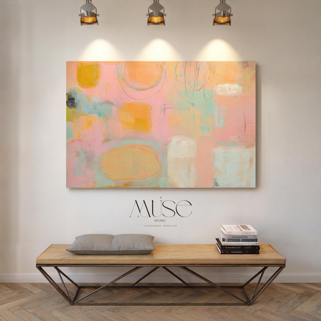 Horizontal pastel abstract wall art in soft peach, pink, and aqua tones with a warm minimal and preppy soft art style. Designed as oversized canvas wall art for bedrooms, living rooms, or serene interiors. Available as gallery-wrapped or framed canvas by Muse Studio.
