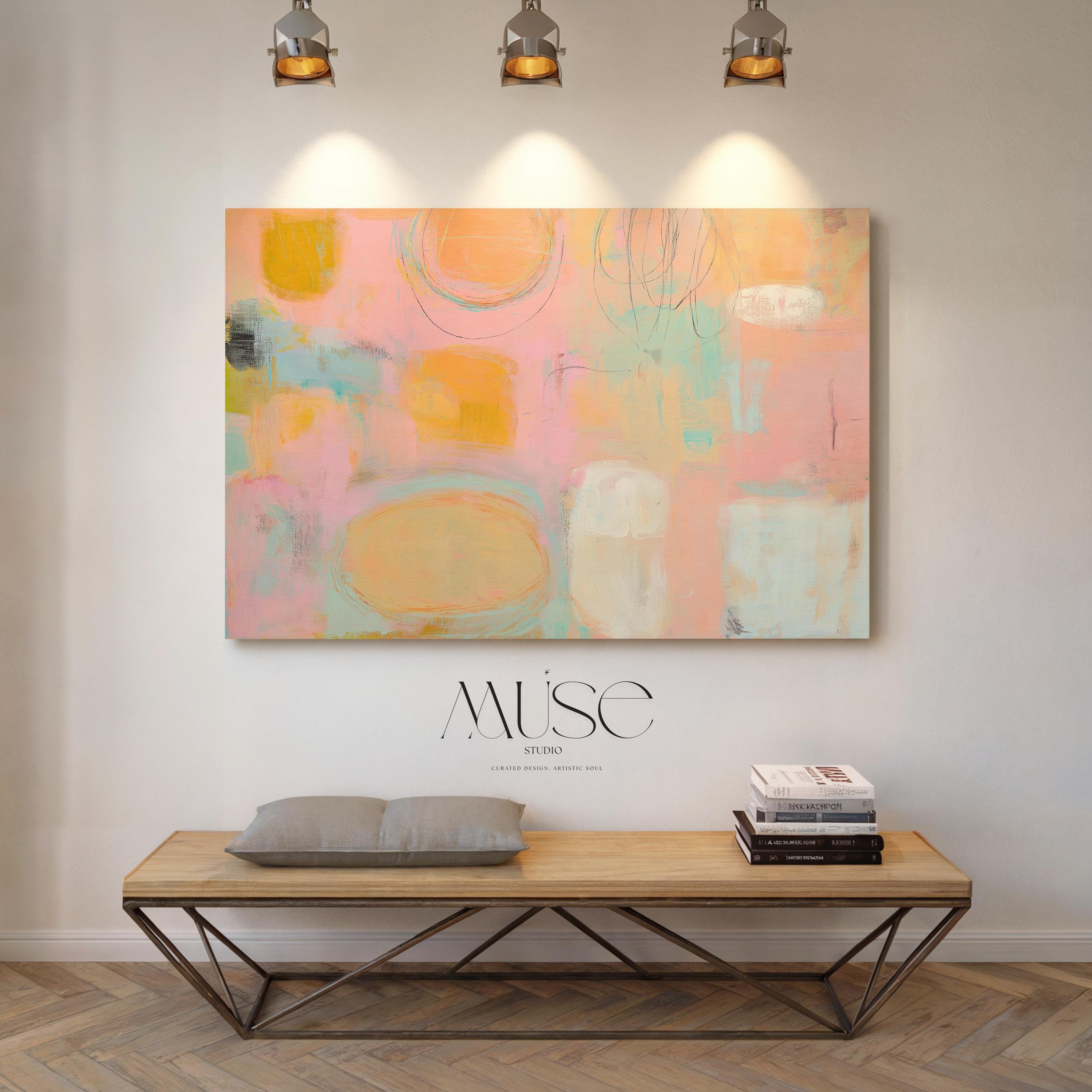 Horizontal pastel abstract wall art in soft peach, pink, and aqua tones with a warm minimal and preppy soft art style. Designed as oversized canvas wall art for bedrooms, living rooms, or serene interiors. Available as gallery-wrapped or framed canvas by Muse Studio.