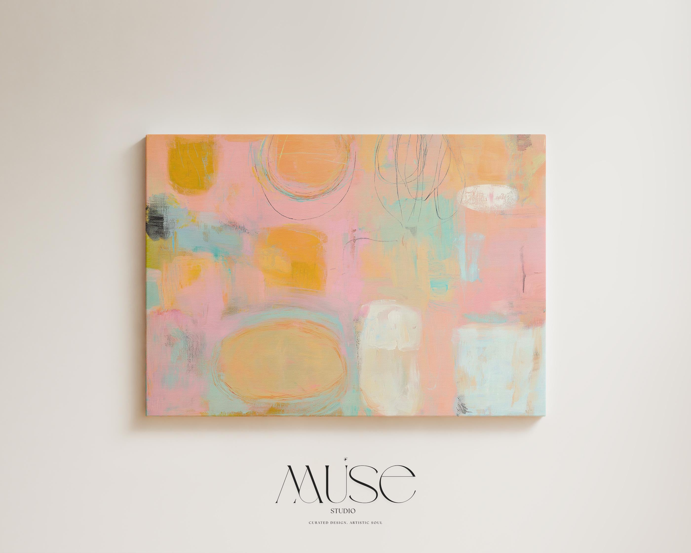 Oversized canvas wall art pastel abstract painting peach pink aqua horizontal soft decor preppy soft art warm minimalism bedroom MUSE 504 Stretched Canvas Art Large abstract wall decor on stretched canvas, gallery-wrapped and ready to hang. Perfect for colorful wall art in living rooms, office spaces, and design projects. Giclée canvas print with bold brushwork and vibrant modern style for impactful home decor. Muse Studio Decor Art.