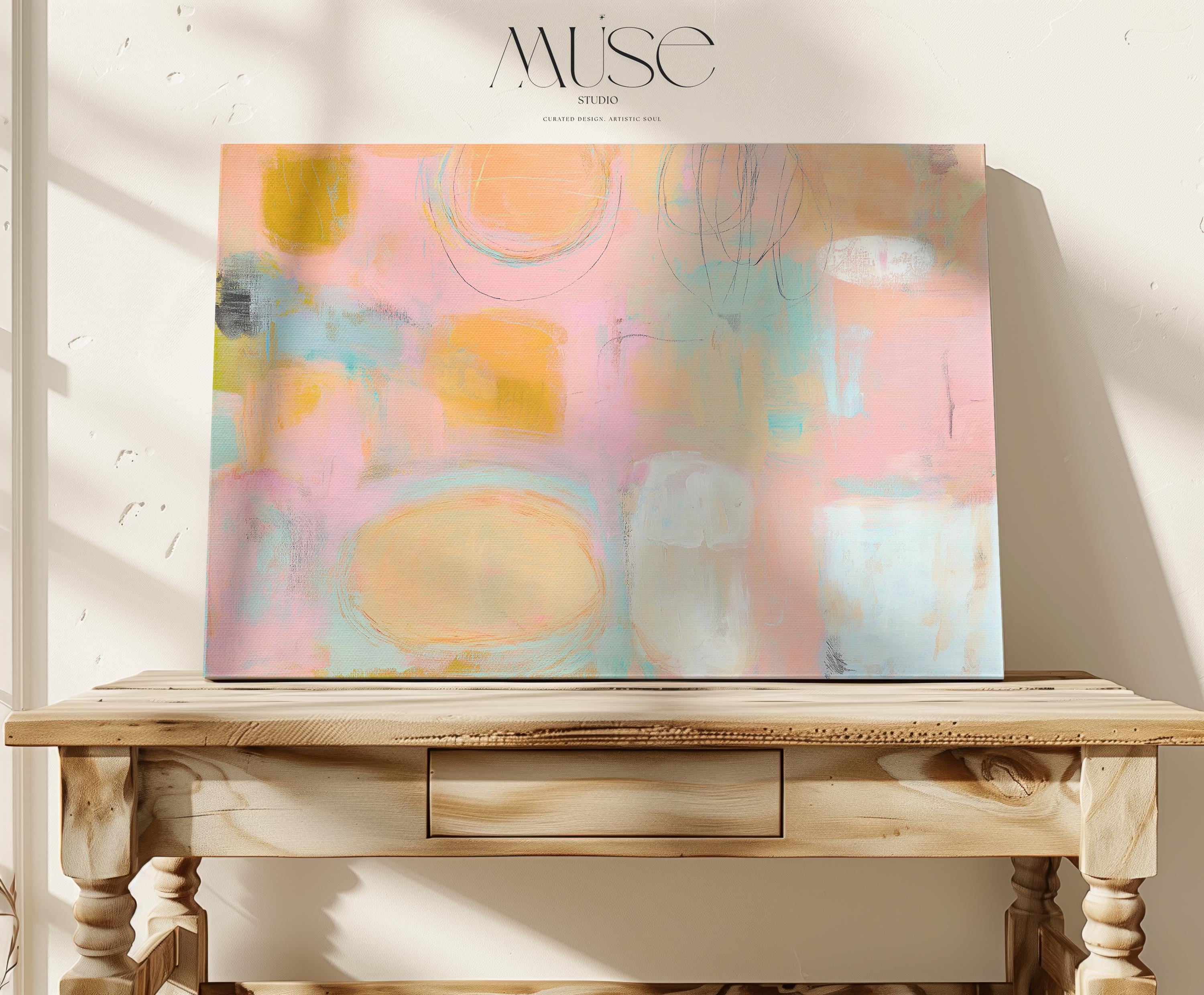 Horizontal pastel abstract wall art in soft peach, pink, and aqua tones with a warm minimal and preppy soft art style. Designed as oversized canvas wall art for bedrooms, living rooms, or serene interiors. Available as gallery-wrapped or framed canvas by Muse Studio.