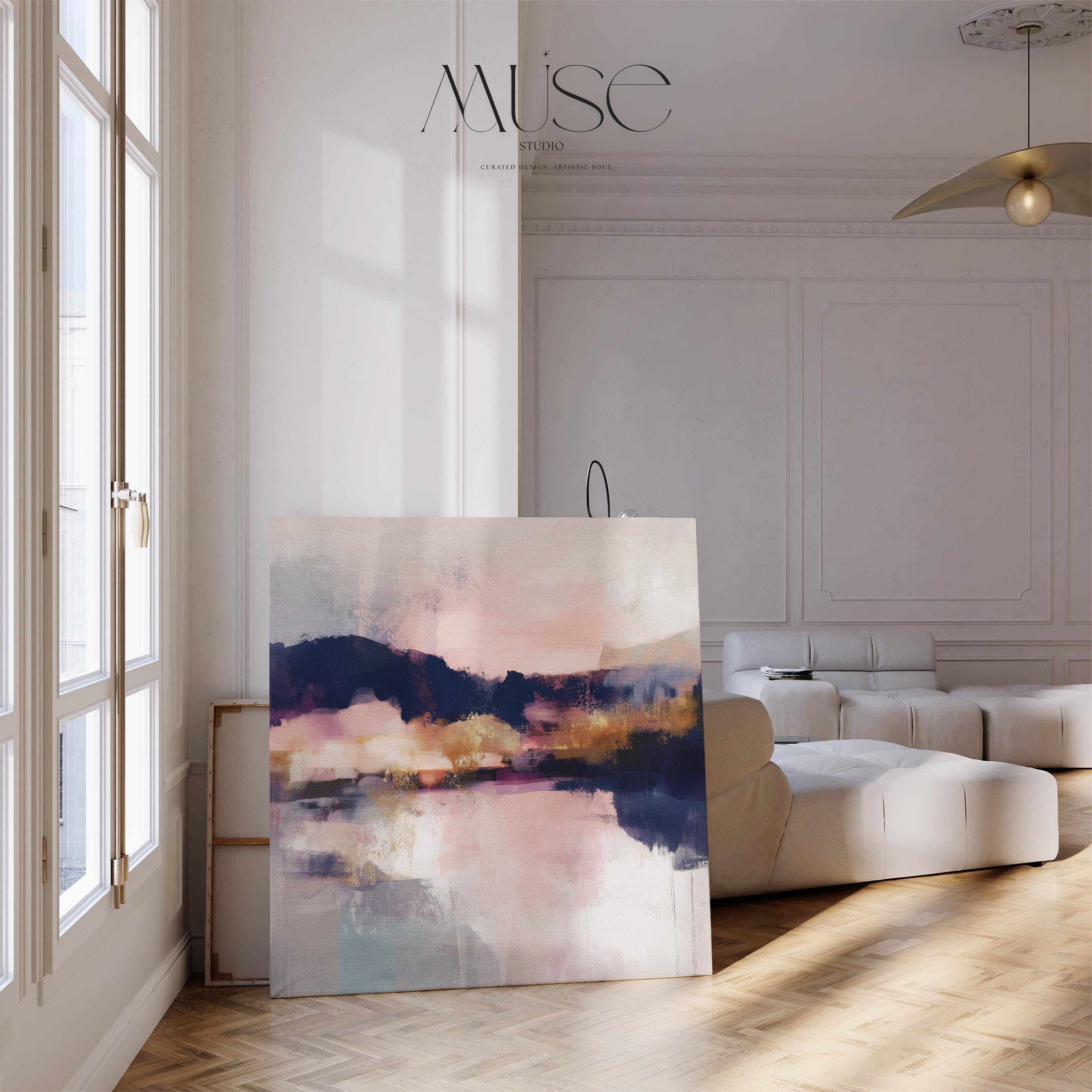 Muse Studio square abstract canvas wall art with pink, gold, and blue tones, museum-grade giclée inks on premium gallery-wrapped artist canvas, set in a floating wood frame, styled for a Soft Contemporary office or entryway interior.