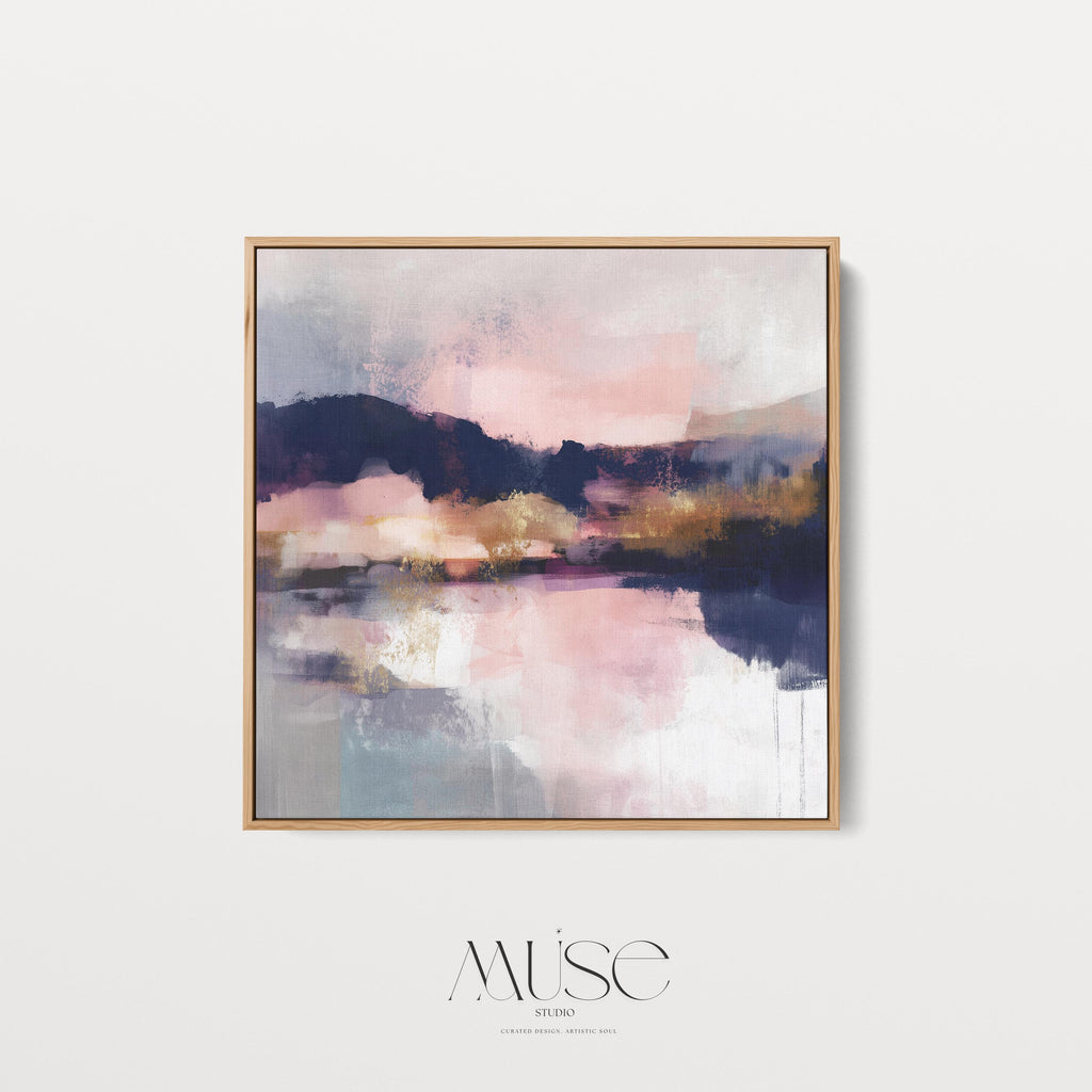 Muse Studio square abstract canvas wall art with pink, gold, and blue tones, museum-grade giclée inks on premium gallery-wrapped artist canvas, set in a floating wood frame, styled for a Soft Contemporary office or entryway interior.