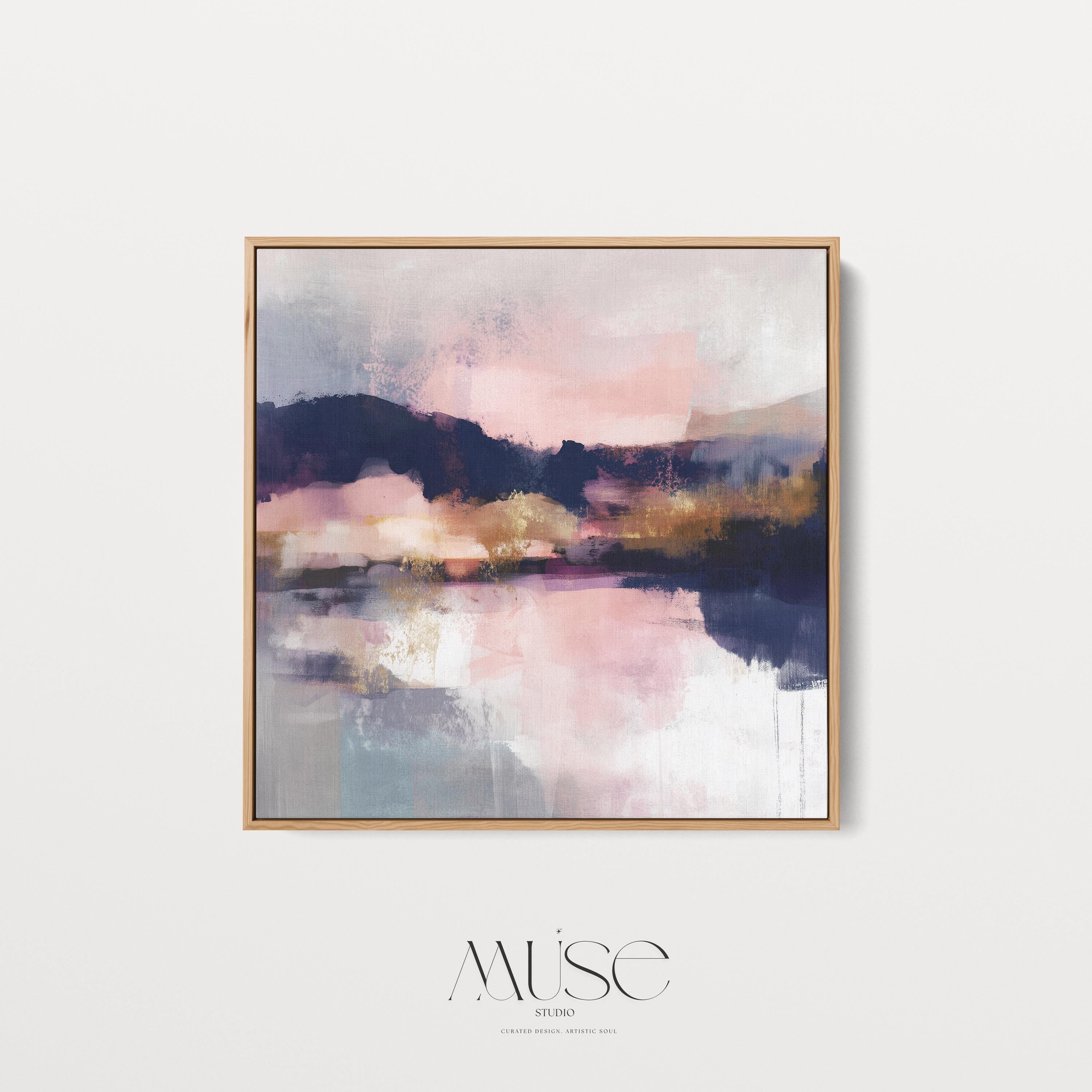 Muse Studio square abstract canvas wall art with pink, gold, and blue tones, museum-grade giclée inks on premium gallery-wrapped artist canvas, set in a floating wood frame, styled for a Soft Contemporary office or entryway interior.