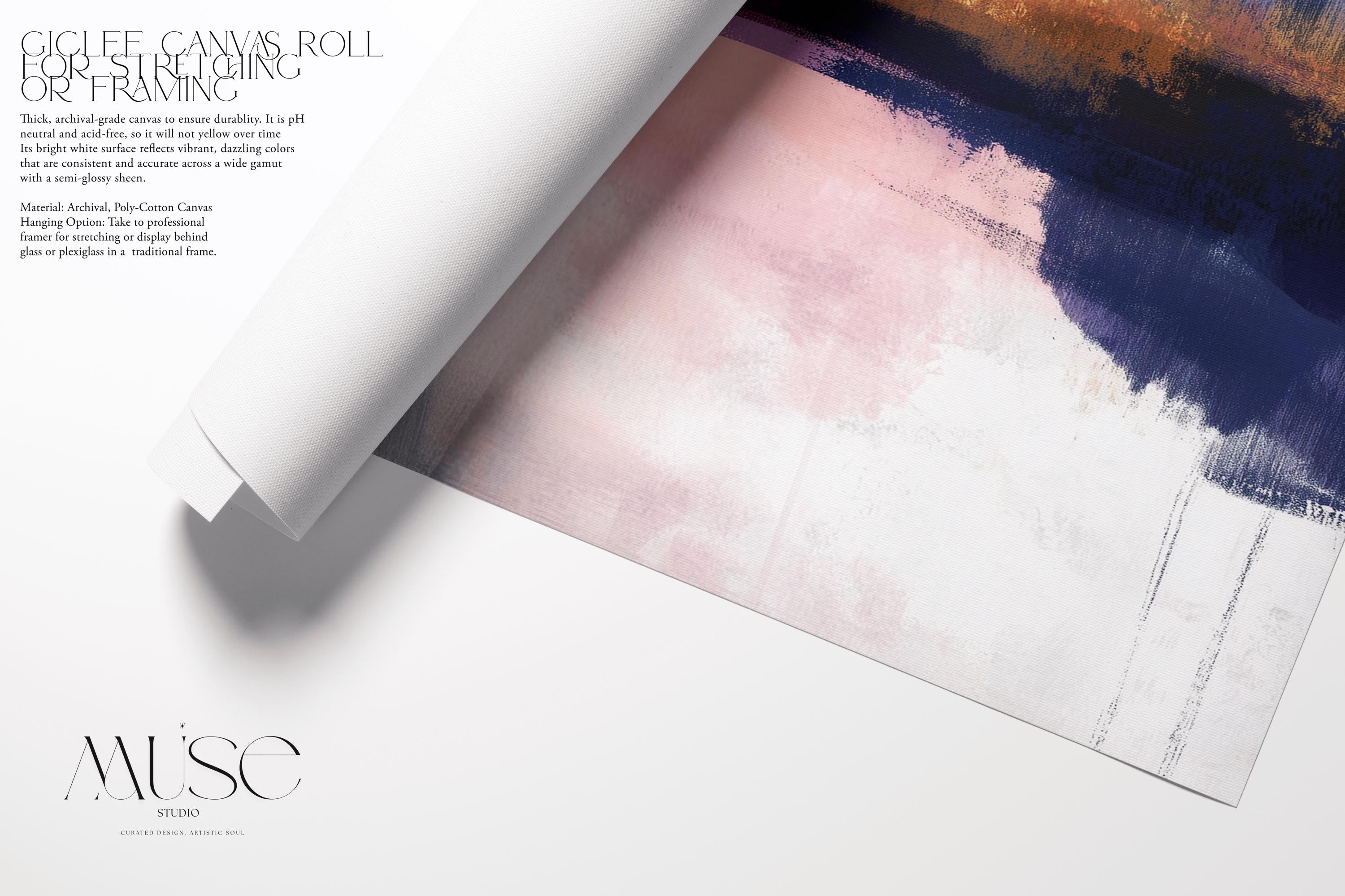 Muse Studio square abstract canvas wall art with pink, gold, and blue tones, museum-grade giclée inks on premium gallery-wrapped artist canvas, set in a floating wood frame, styled for a Soft Contemporary office or entryway interior.