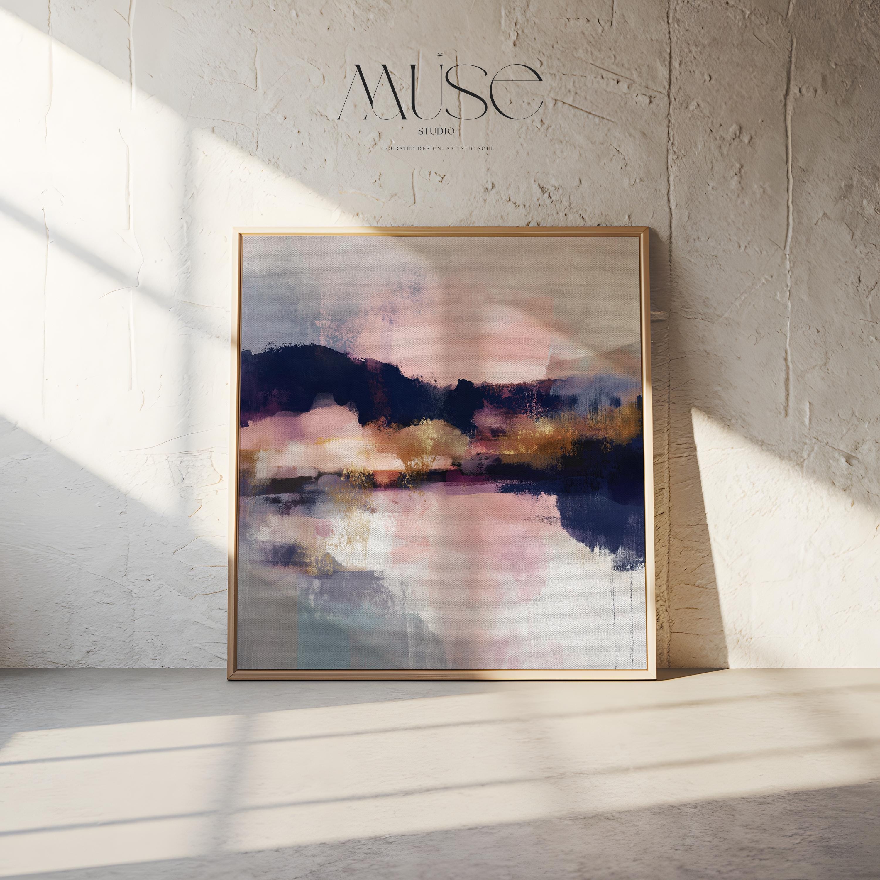 Muse Studio square abstract canvas wall art with pink, gold, and blue tones, museum-grade giclée inks on premium gallery-wrapped artist canvas, set in a floating wood frame, styled for a Soft Contemporary office or entryway interior.