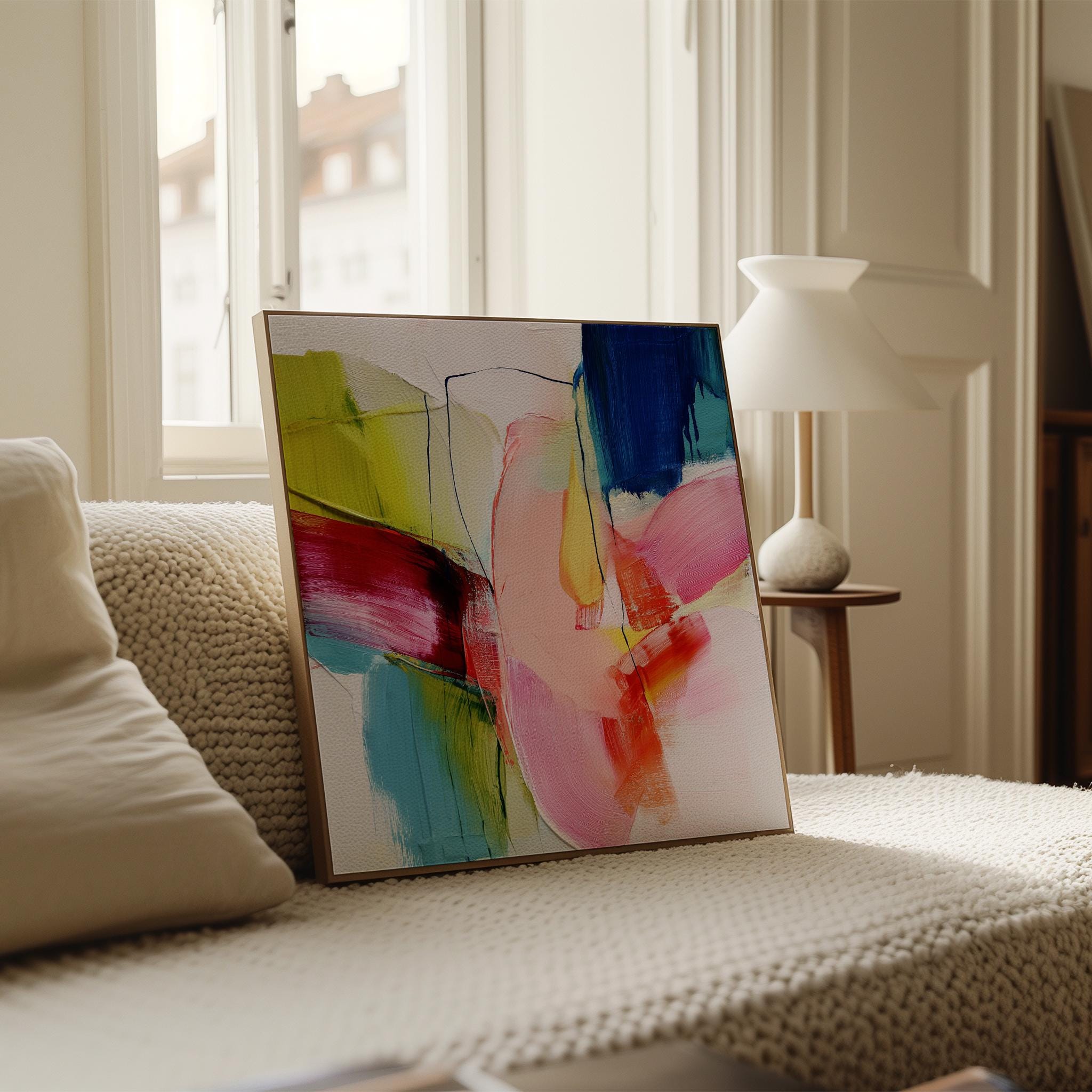 Bold Abstract Canvas Wall Art Color Pop Pink Blue Green Square Framed Modern Painting for Living Room or Office Decor Statement Art 464 Framed Canvas Art Colorful abstract wall art on framed canvas, perfect for bold decor art and modern wall decor. Large statement piece with expressive brushstrokes and rich textures. Ready-to-hang giclée canvas designed to energize living rooms, offices, bedrooms and curated interiors. Muse Studio Decor Art.