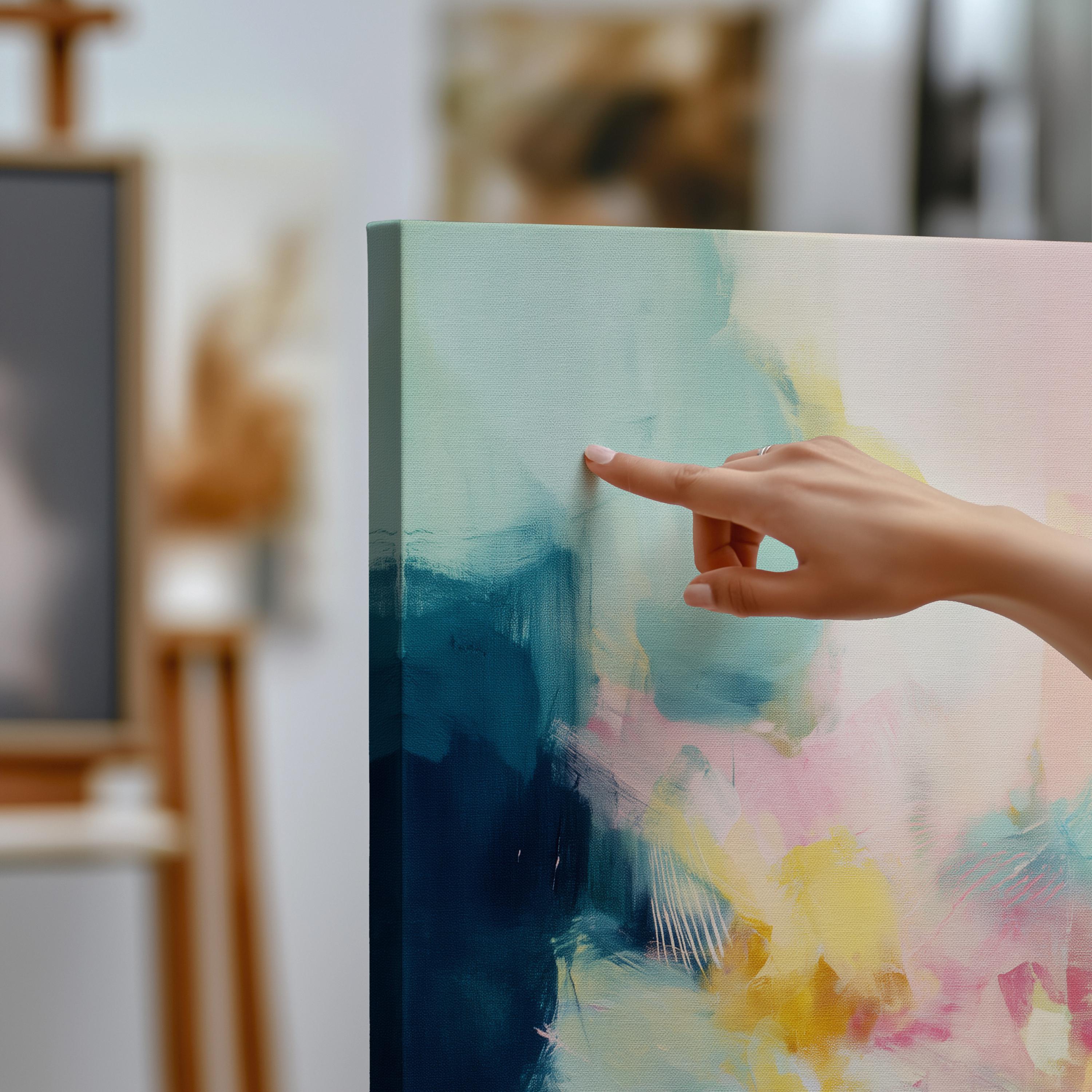 square abstract canvas wall art in teal, blush pink, yellow, and soft aqua with fluid brushstrokes in a soft contemporary style, ideal for bedroom, nursery, or living room decor, gallery-wrapped cotton canvas wall art by Muse Studio