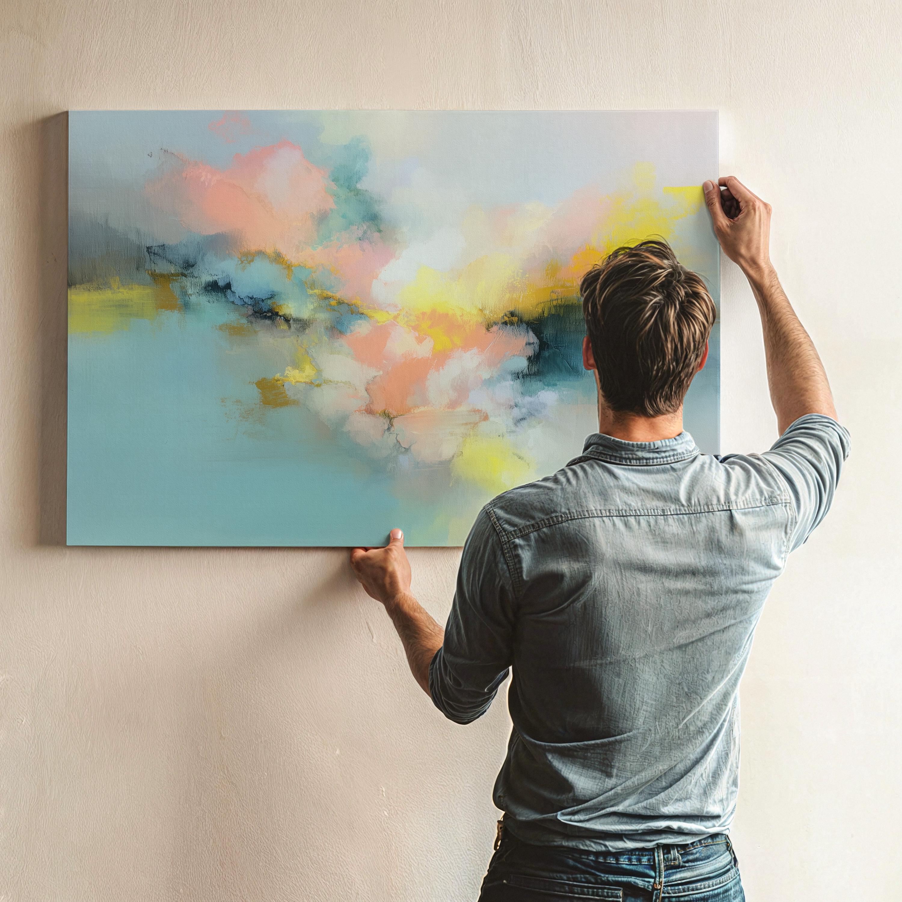 Soft pastel abstract canvas wall art in blush yellow blue, horizontal painting for bedroom or living room, large serene decor MUSE 063