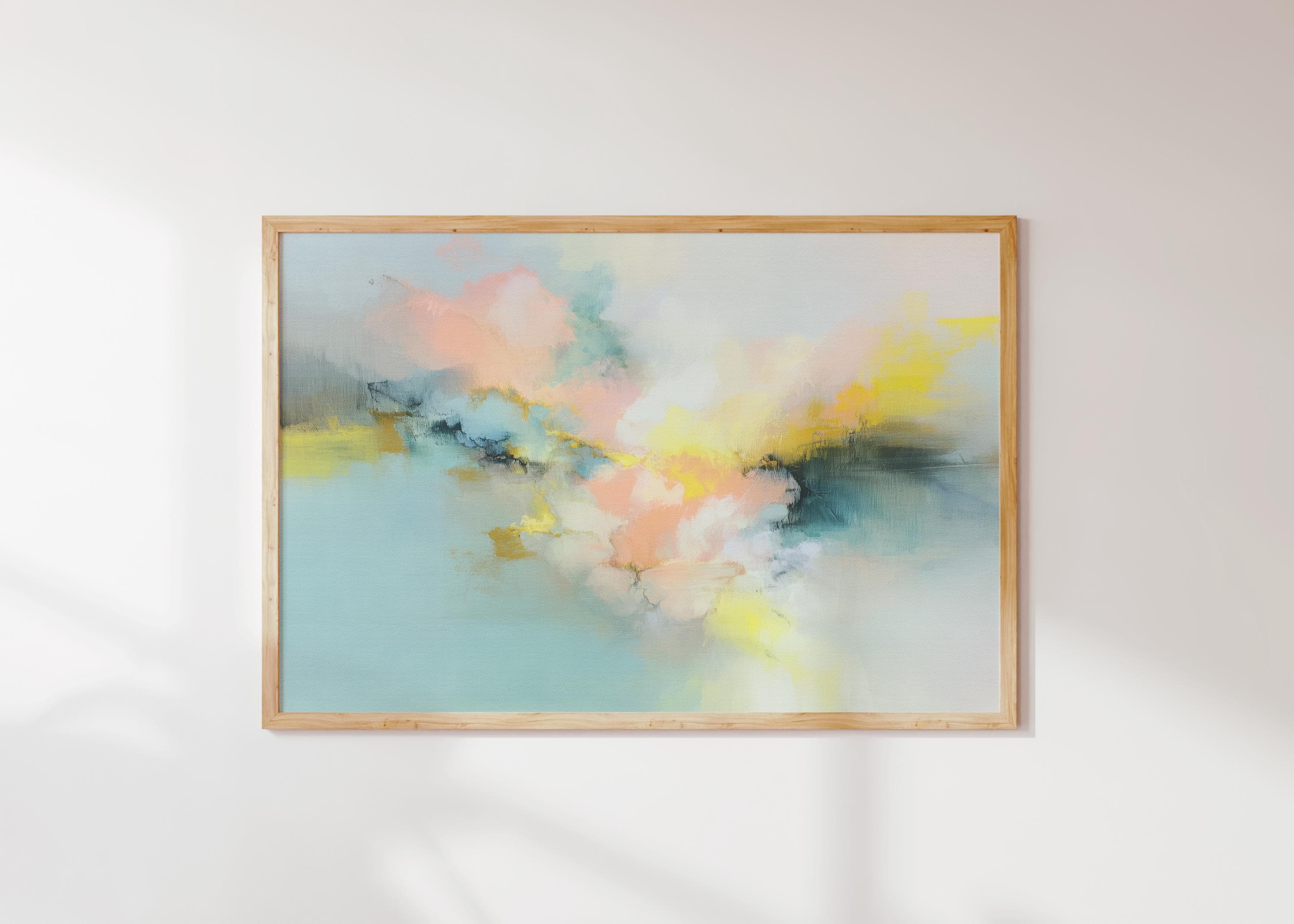 Soft pastel abstract canvas wall art in blush yellow blue, horizontal painting for bedroom or living room, large serene decor MUSE 063