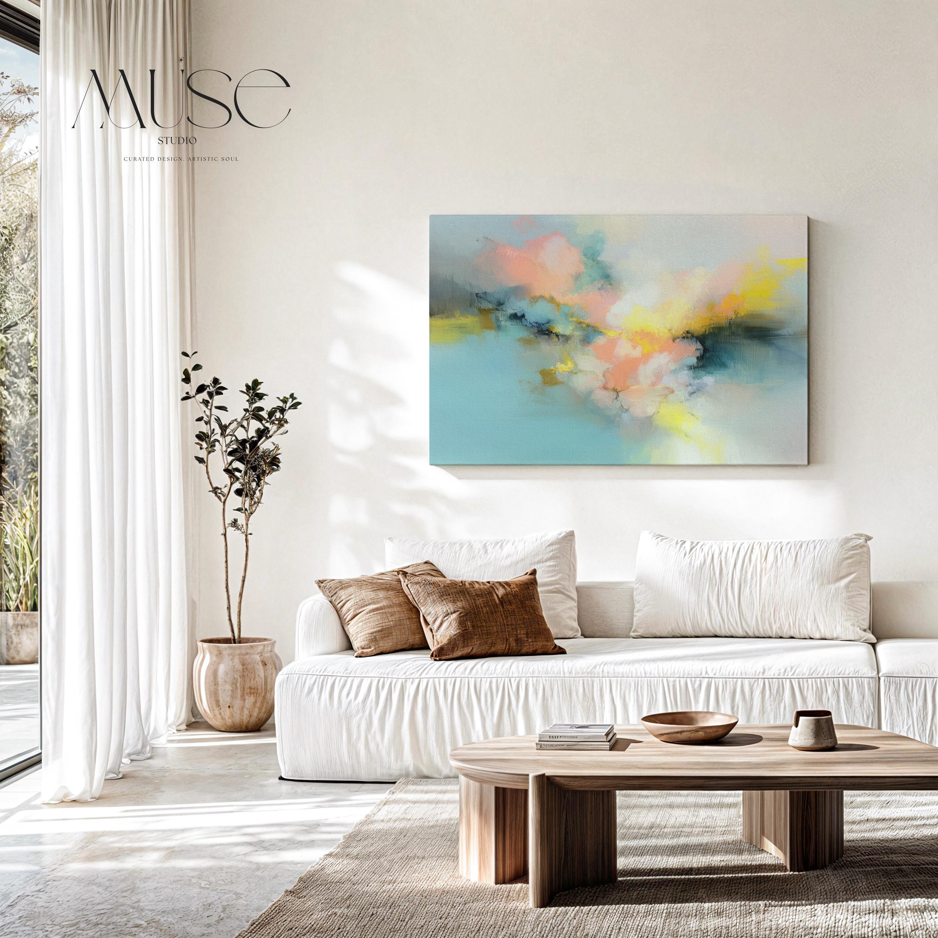 Soft pastel abstract canvas wall art in blush yellow blue, horizontal painting for bedroom or living room, large serene decor MUSE 063