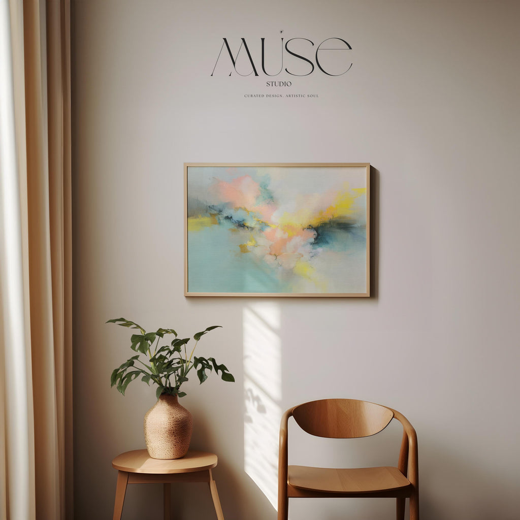 Soft pastel abstract canvas wall art in blush yellow blue, horizontal painting for bedroom or living room, large serene decor MUSE 063
