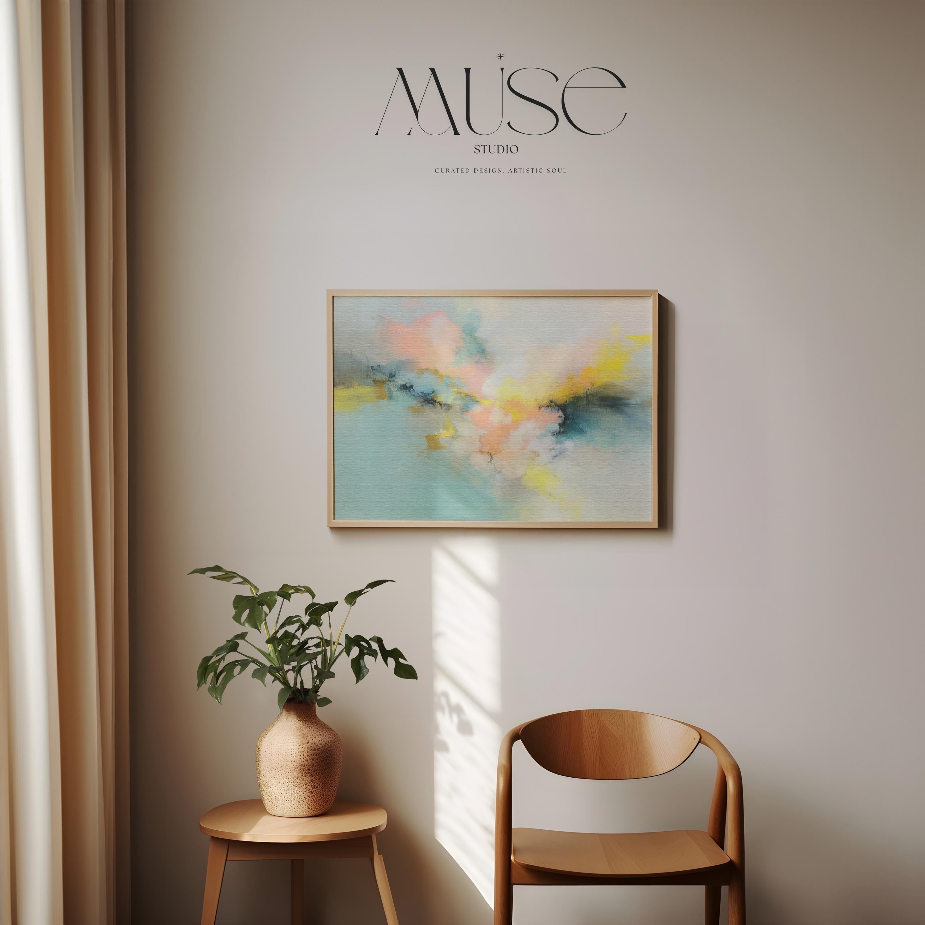 Soft pastel abstract canvas wall art in blush yellow blue, horizontal painting for bedroom or living room, large serene decor MUSE 063