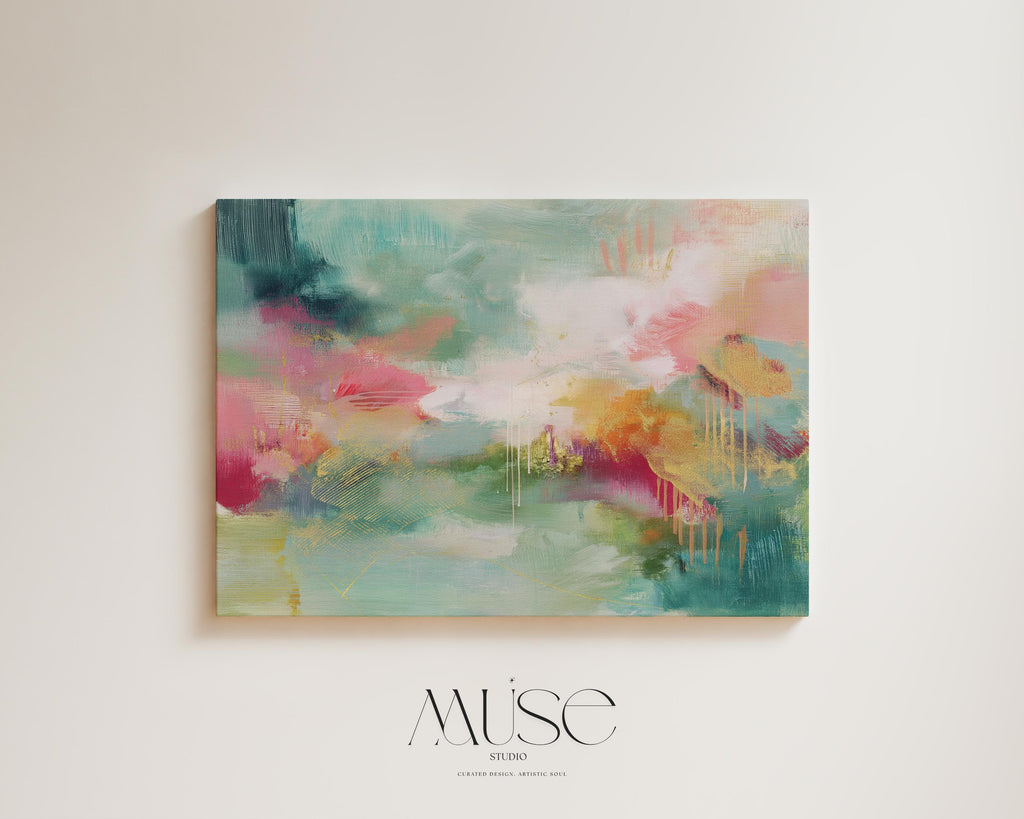 Colorful Abstract Wall Art in Blush and Green, Canvas Giclée Print, Bold Transitional Painting, Horizontal Large Living Room Decor
