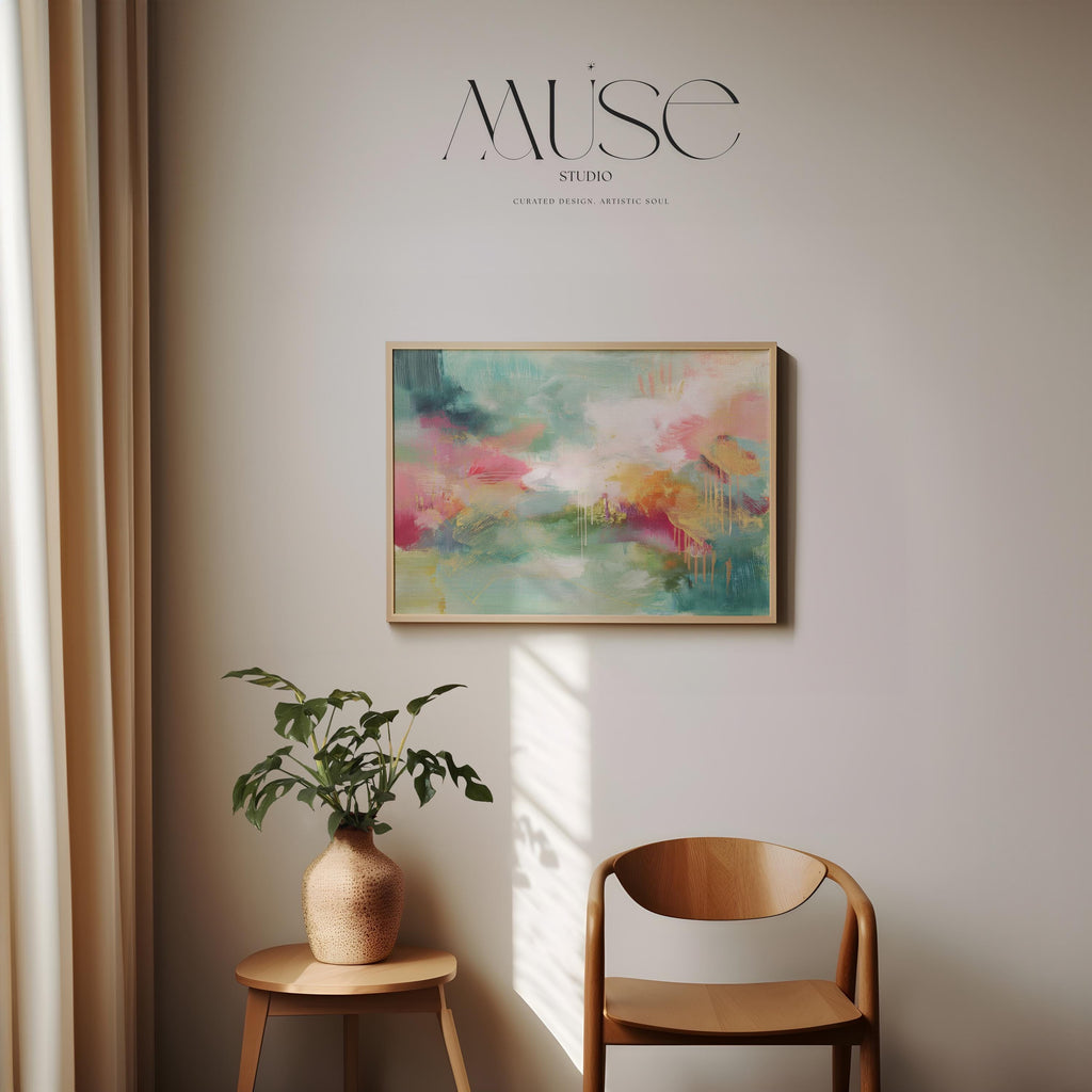 Colorful Abstract Wall Art in Blush and Green, Canvas Giclée Print, Bold Transitional Painting, Horizontal Large Living Room Decor