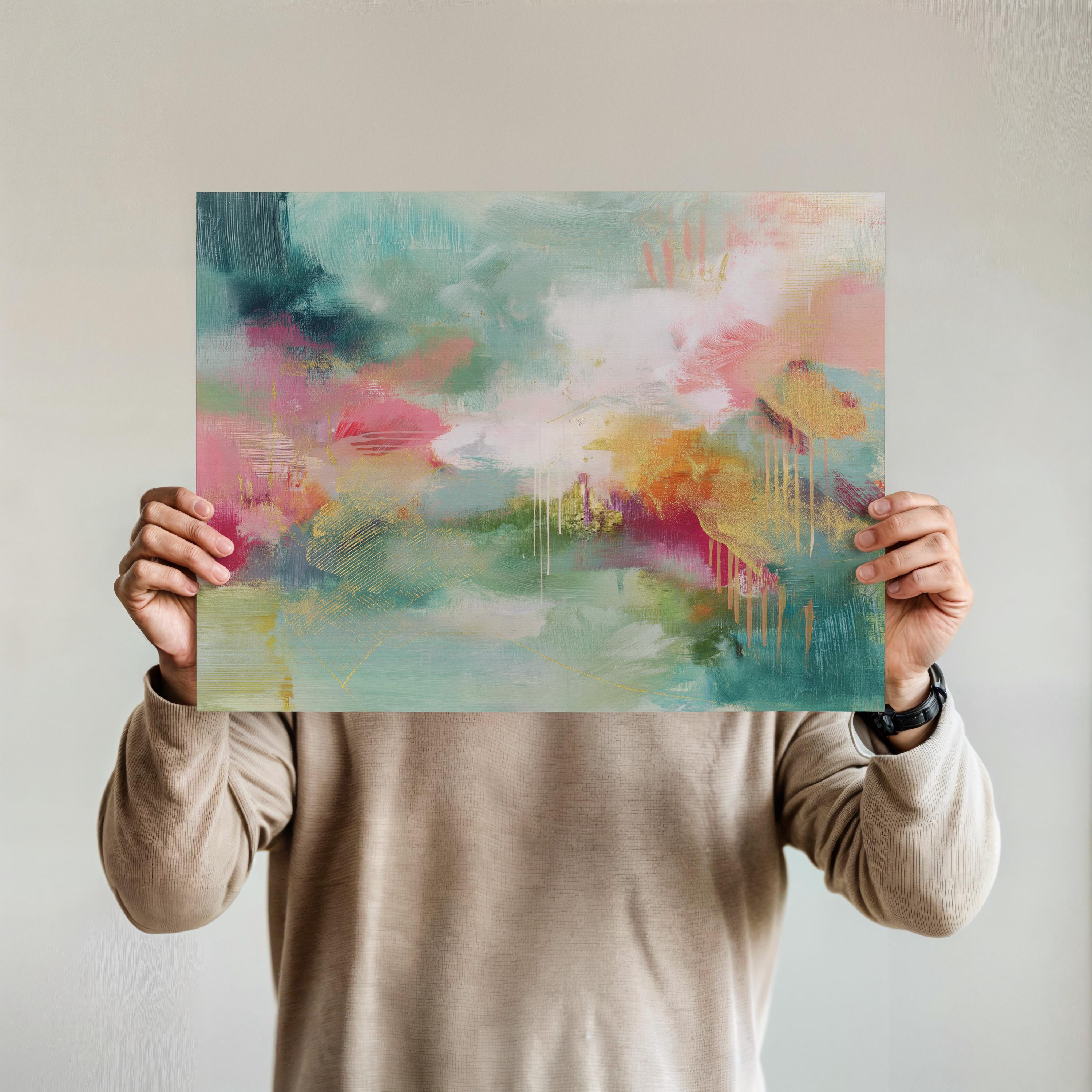 Colorful Abstract Wall Art in Blush and Green, Canvas Giclée Print, Bold Transitional Painting, Horizontal Large Living Room Decor